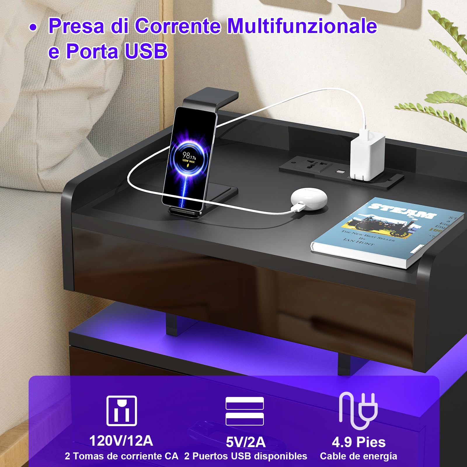 Comodino Intelligente con Ricarica Wireless, con Serratura a Combinazione 2 cassetti portaoggetti Comodino per Camera da