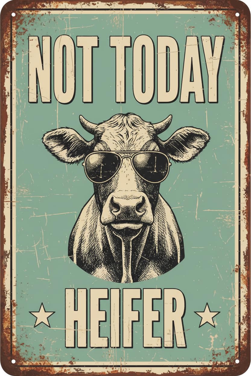 Not Today Heifer Cow Tin Sign, 8x12 Inch Cottage Decor