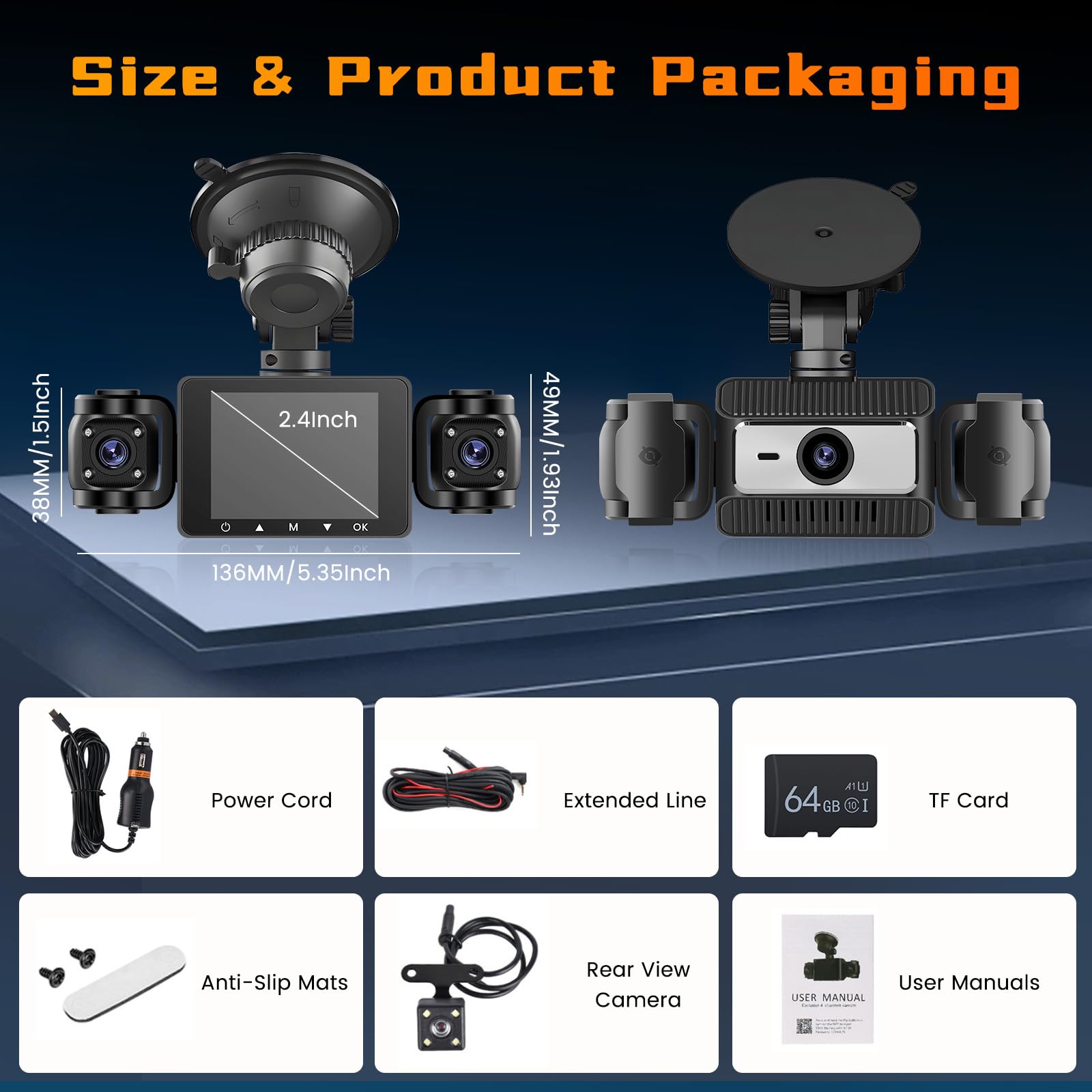 Hikity 4 Canaux Dash Cam, DashCam à 360 degrés FHD 1080P*4 Avant Arrière Intérieur Enregistrement en Boucle Gauche et Droite, DVR, G-Sensor, Surveillance du Stationnement, avec Carte SD de 64 Go
