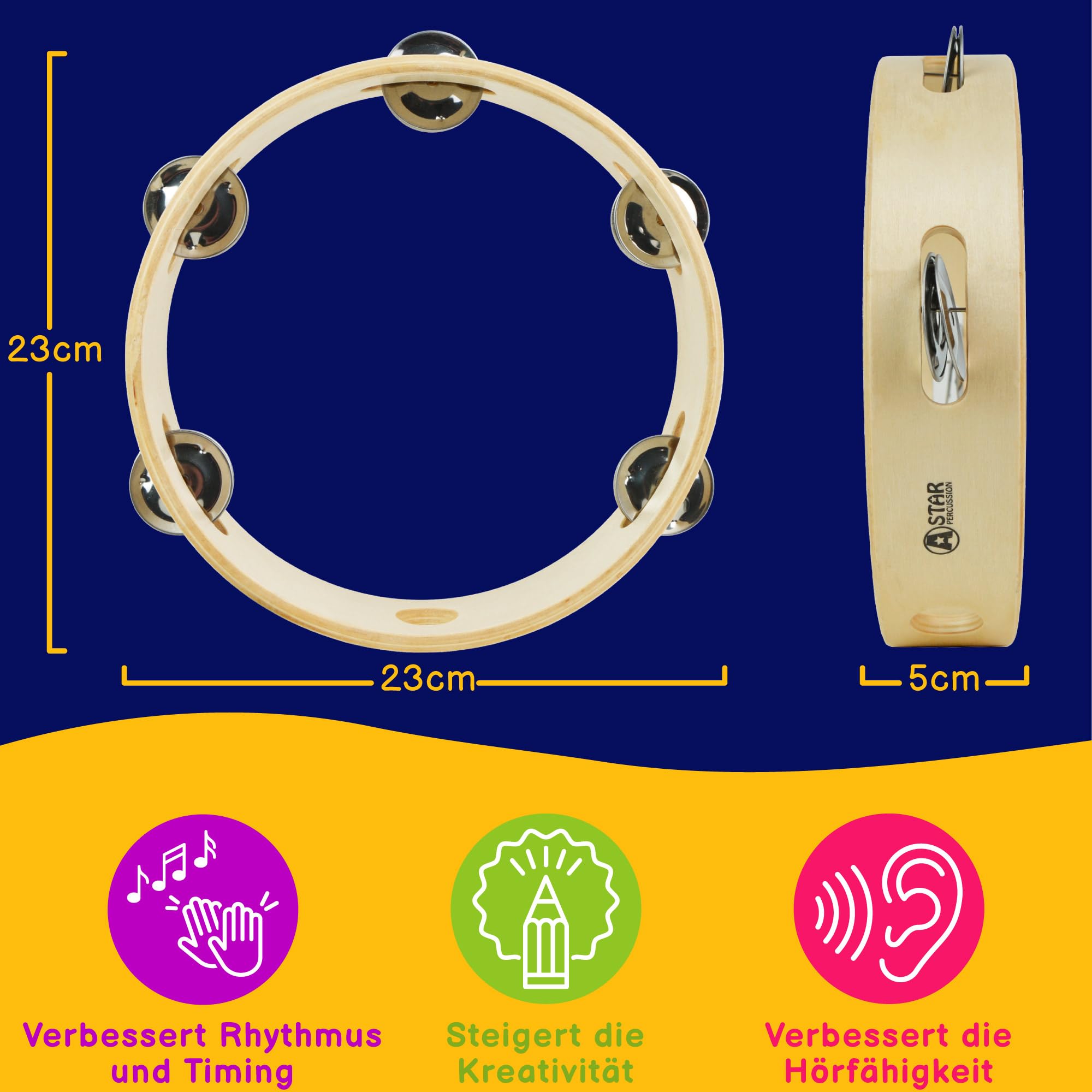 A-Star 8 Zoll/20 cm handgehaltenes kopfloses Tamburin aus Holz, traditionelle Single Jingle Bell Row – 10er-Pack