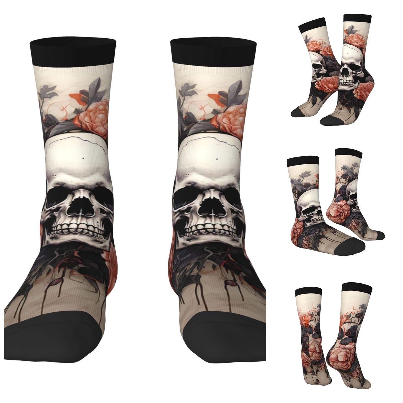 LZQPOEAS Ancient skull and flowers Athletic Socks Unisex Cushioned Crew Socks Hiking Running Calf Sock Soft Above Ankle Sock