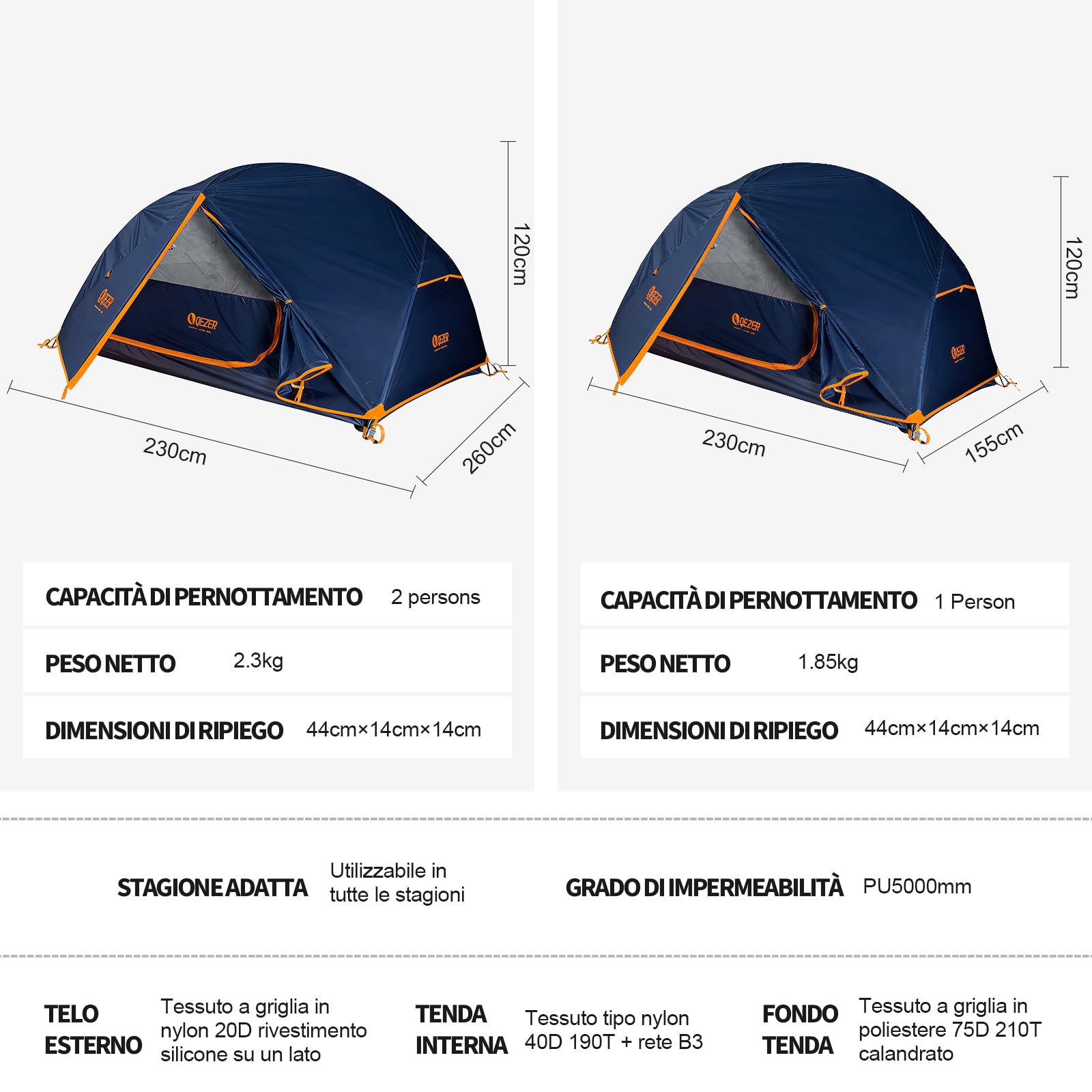 Tenda da campeggio, ultraleggera, impermeabile e antivento, adatta per tre stagioni, dimensioni compatte, ideale per escursioni, campeggio e attività all'aperto