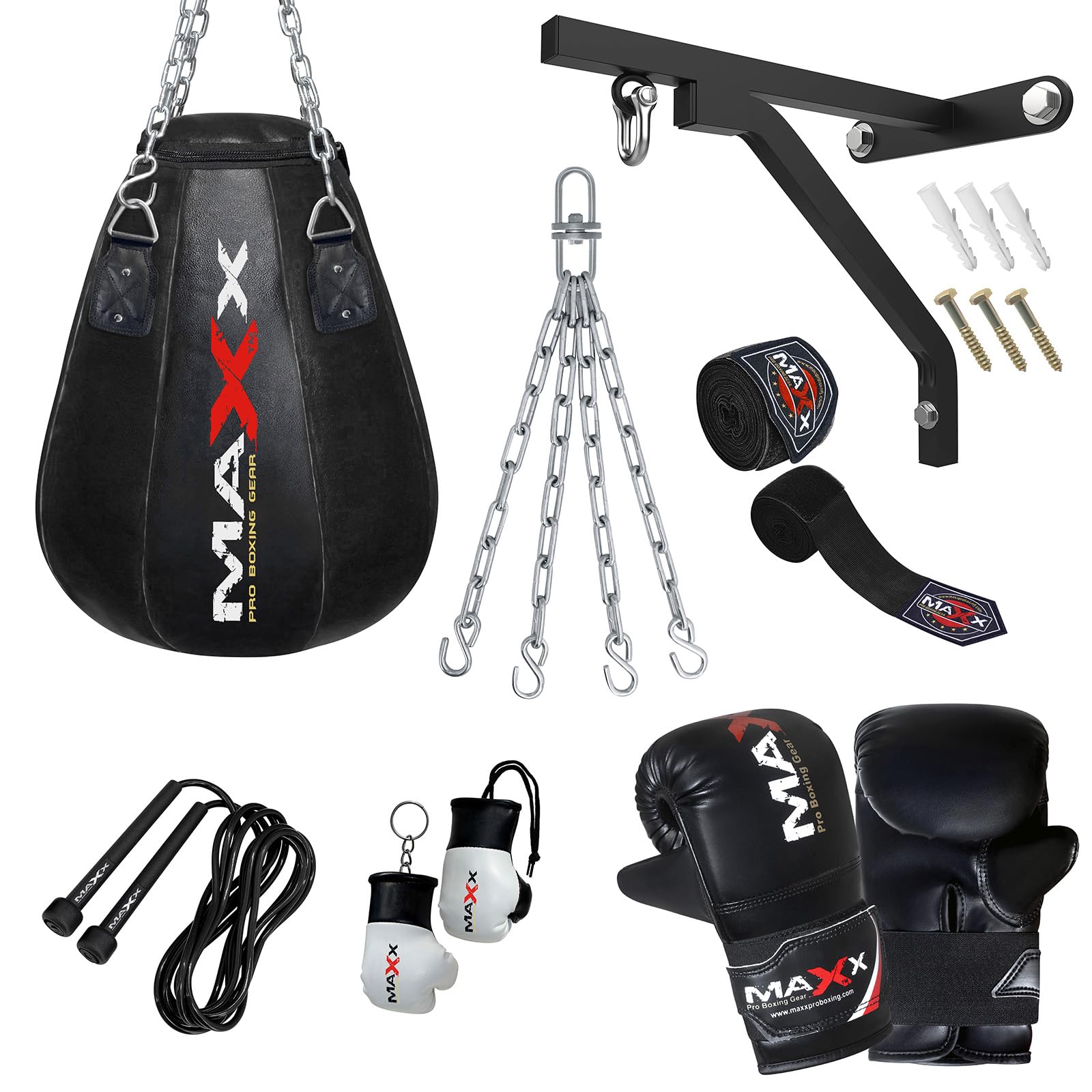 MAXX BLACK MAIZE BAG Heavy Kick Punching Bags Chain Kick Boxing Punch bag MMA Gloves (12PCs SET WITH BRACKET) (12PCs SET WITH BRACKET)