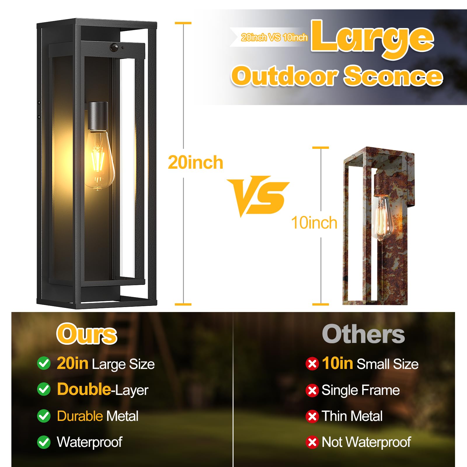 20in Outdoor Wall Light Motion Sensor-Black Modern Sconce Waterproof Exterior Lighting Fixture E26 Socket Porch Lights Extra Large — view 2