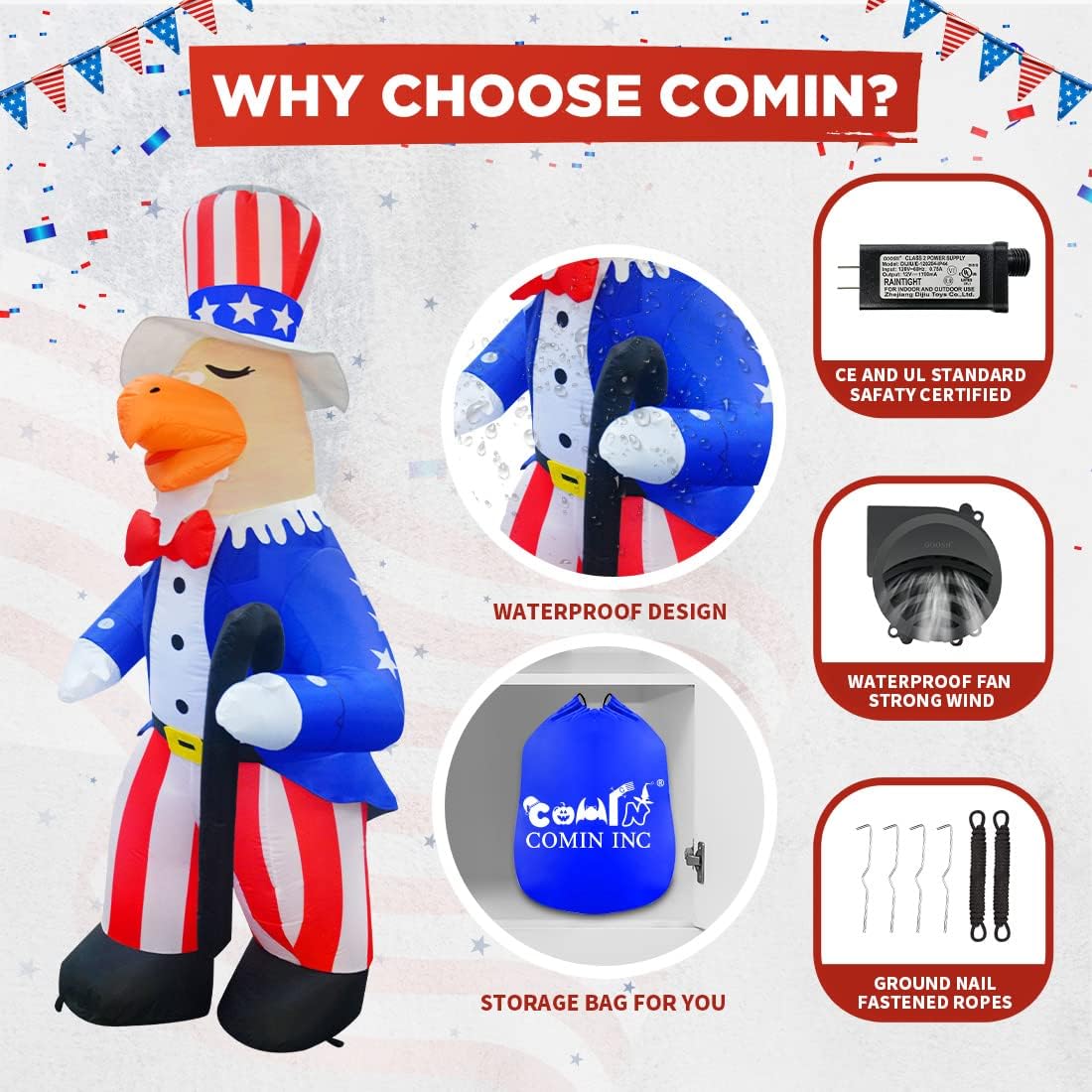 COMIN Independence Day July 4th Inflatable 6.5FT Gentleman Eagle with Built-in LEDs Blow Up Yard Decoration for Holiday Party Indoor Outdoor Yard Garden Lawn