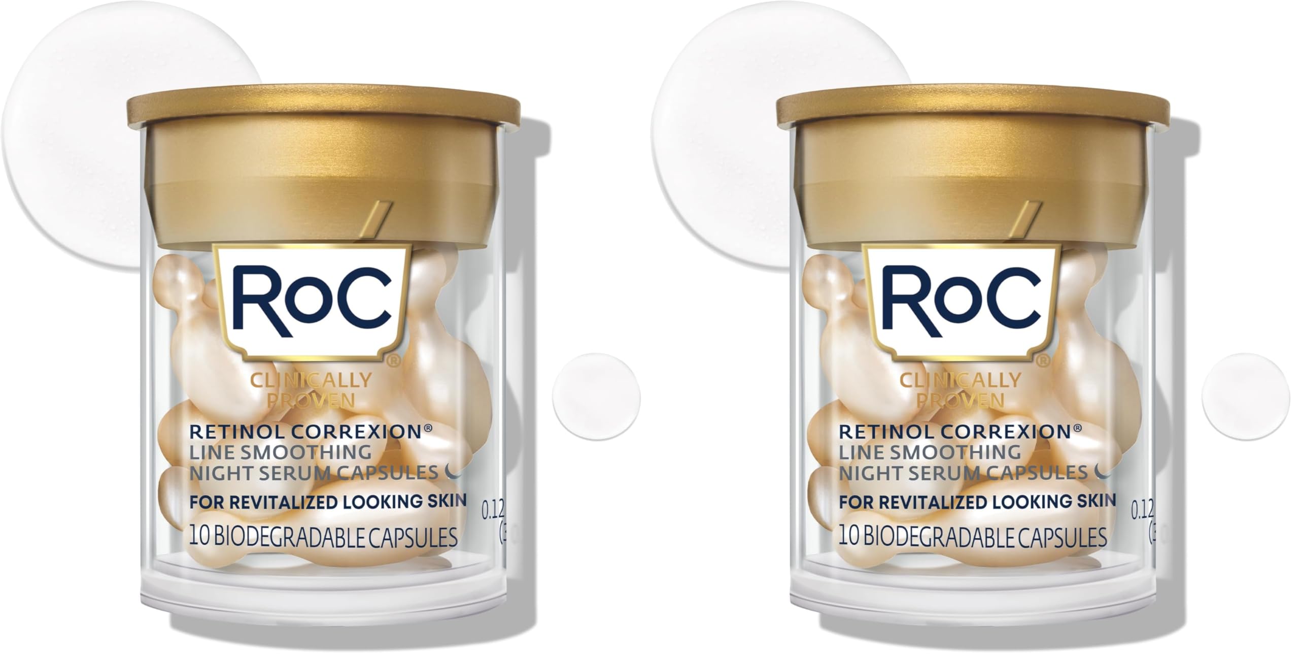RoC Retinol Correxion Line Smoothing Night Serum Capsules, Daily Anti-Aging Skin Care Treatment for Fine Lines, Dark Spots, Acne Scars, 10 Count (Pack of 2)