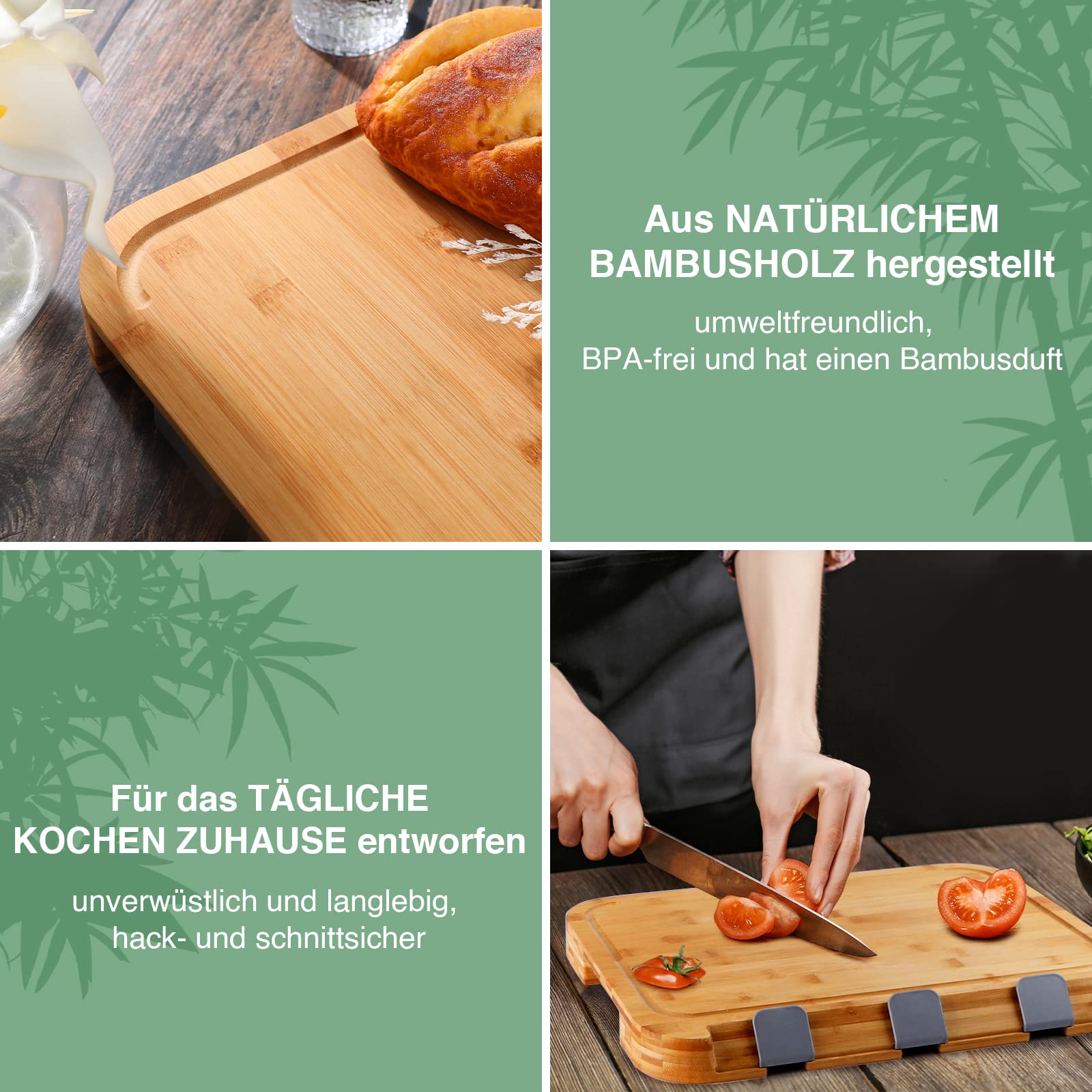 WELTRXE Bambus-Schneidebrett mit Behältern, XXL großes Holz-Schneidebrett 7er-Set (ein 42 x 31 x 3,7 cm Brett + 5 Kunststoffbehälter mit Deckel + 1 Smartphone-Halterung)