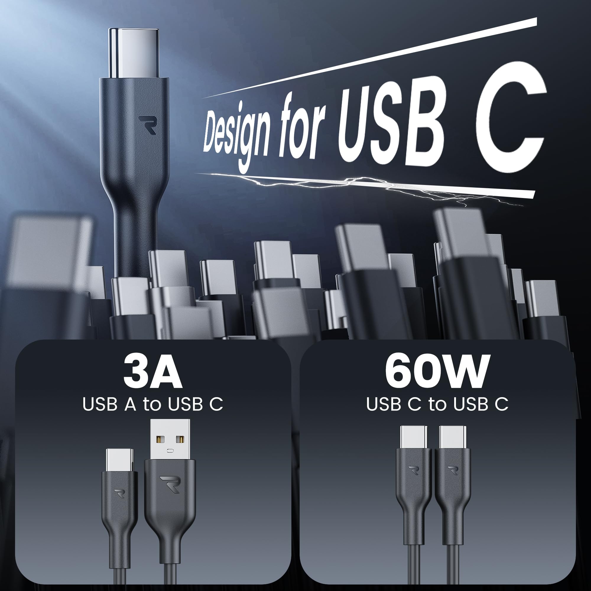 RAMPOW Cavo USB Type-C 4Pack 2M, Cavo USB C a USB C 60W, Cavo USB A USB C 3A, Cavo USB C per iPhone 16, Cavo USB Tipo C Ricarica Rapida per iPhone 15/16/15 Pro/16 Pro, iPad, Samsung Galaxy S22/S21