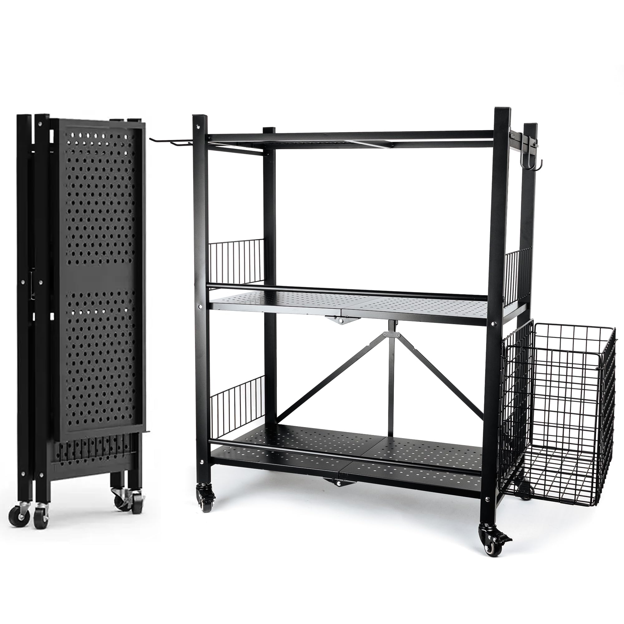 London & Byrd - No Assembly - Home Gym Storage Rack. Steel Construction, Heavy Duty Wheels, with Basket and Hooks. Great for Home Gym Equipment, Yoga mats, Kettlebells, and Small Dumbbell Storage.