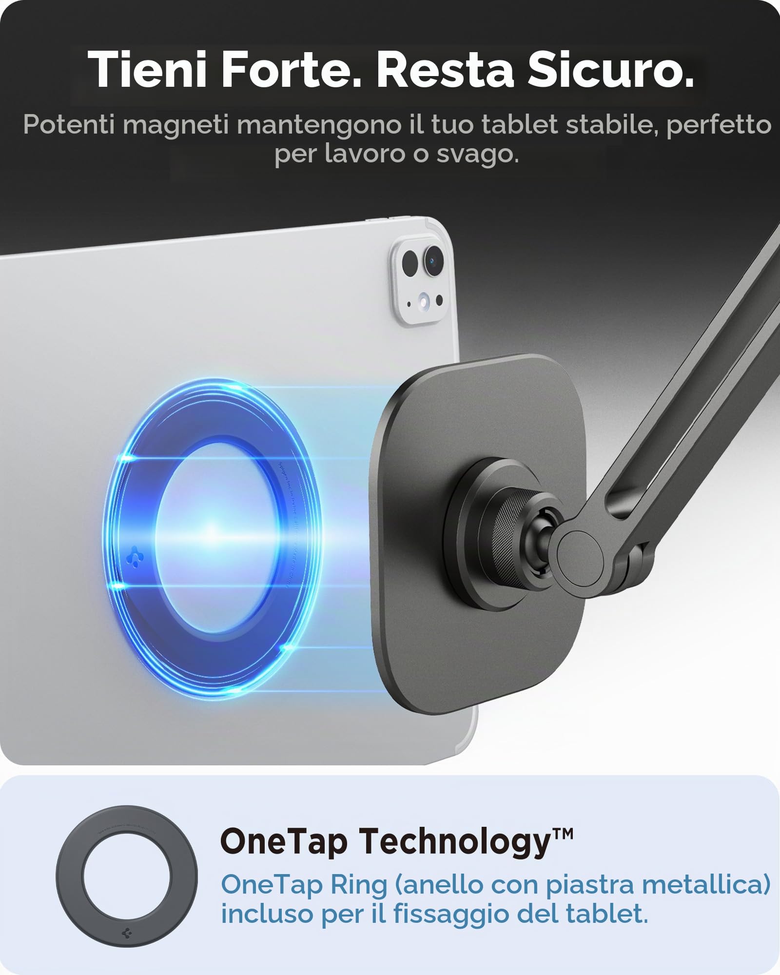 Spigen OneTap Supporto Tablet da Tavolo e Letto [Anello Metallico Incluso] Flessibile con Braccio Articolato, Rotante a 360° per iPad Pro Air Mini A16 M3 M4 M5 9 11 13 Generazione, Galaxy Tab e Altri
