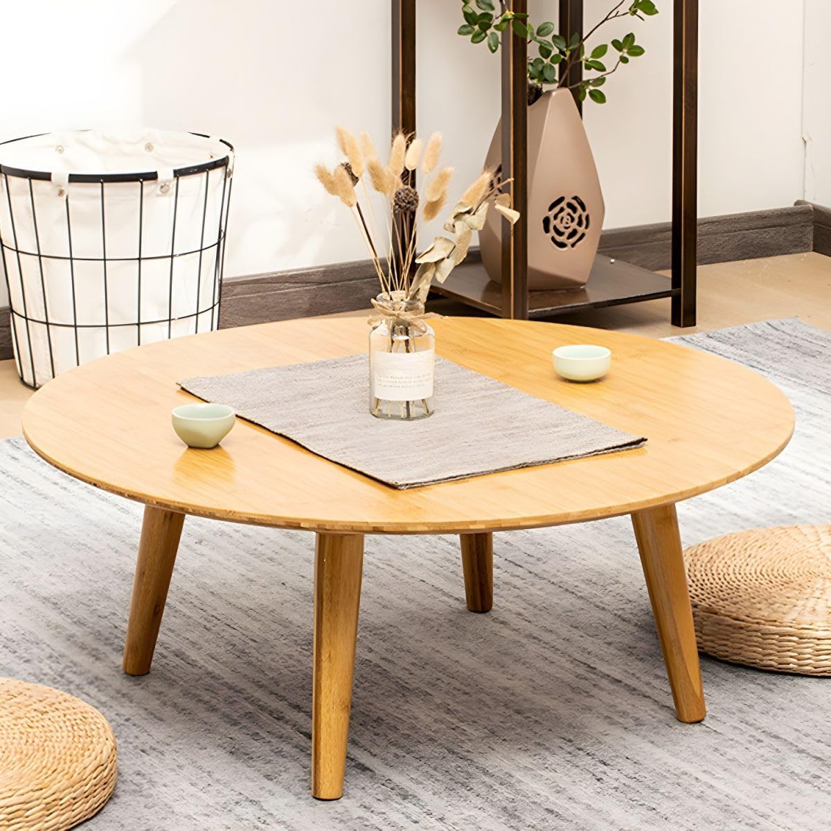 Table basse ronde japonaise en bambou pour étudier au salon