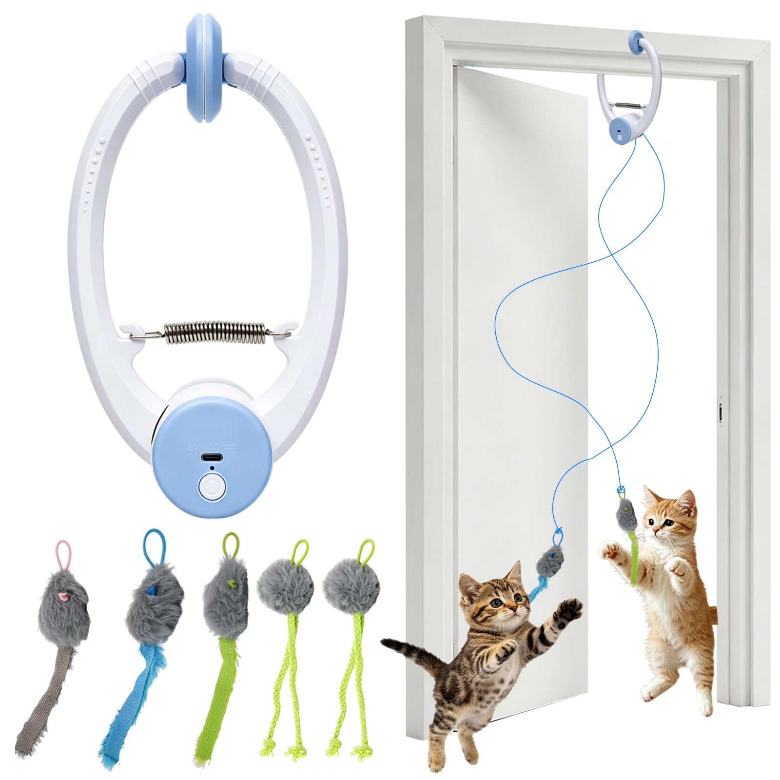 ITIY Interactive Cat Toys, Retractable Cat Door Hanging Toy with Elastic Cord & Mouse Bird Feather Teaser, Automatic Self Chasing Toy for Indoor Cats Kitten Hunting Exercising