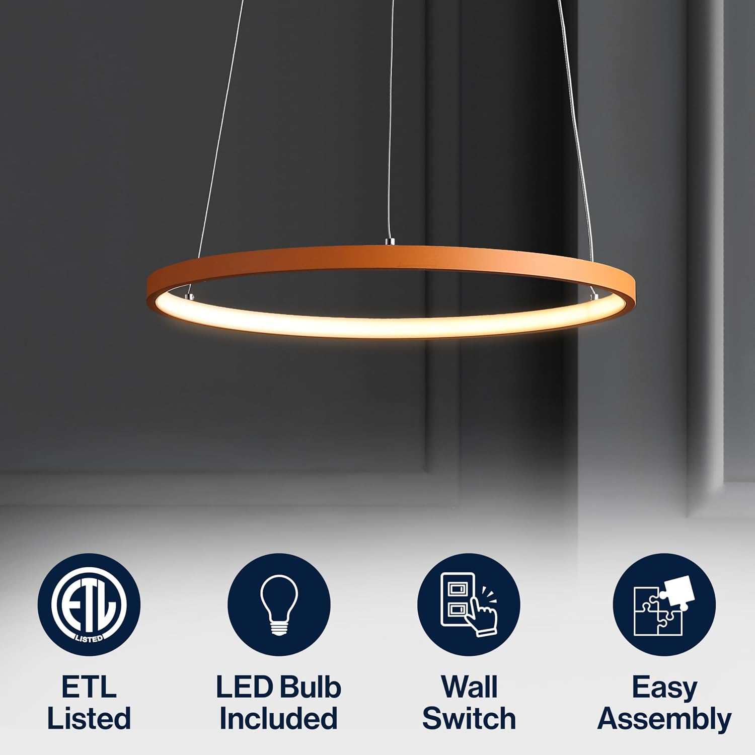 JONATHAN Y 15.75" Orange Modern Integrated LED Pendant Light, Dimmable Round Hoop Chandelier for Kitchen Island, Dining Room, Adjustable Height Metal Hanging Light (JYL7202G)