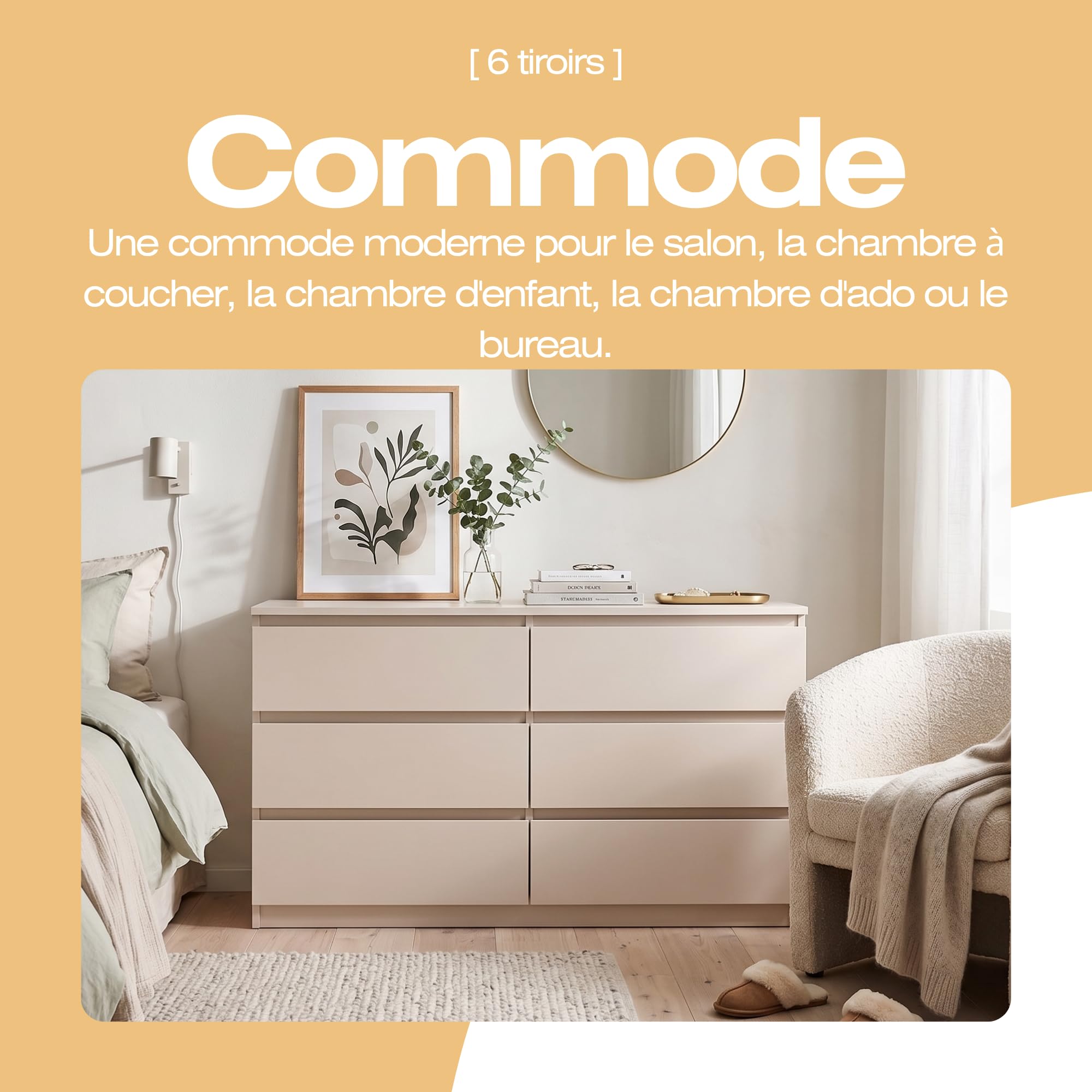 Commode 6 Tiroirs Kaschmir 120 cm - Design Minimaliste - 120 x 39 x 78,5 cm - Meuble de Rangement Spacieux pour Chambre, Salon ou Bureau