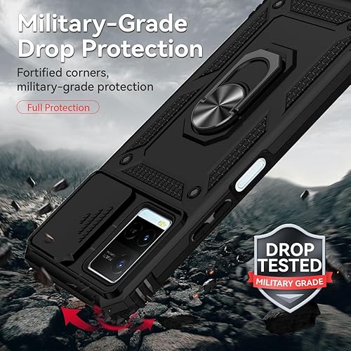 Miniatura 8 de Funda para Vivo Y21, Vivo Y33S (4G) V2111 V2109 con protector de pantalla de vidrio templado y cubierta de cámara deslizante, anillo magnético