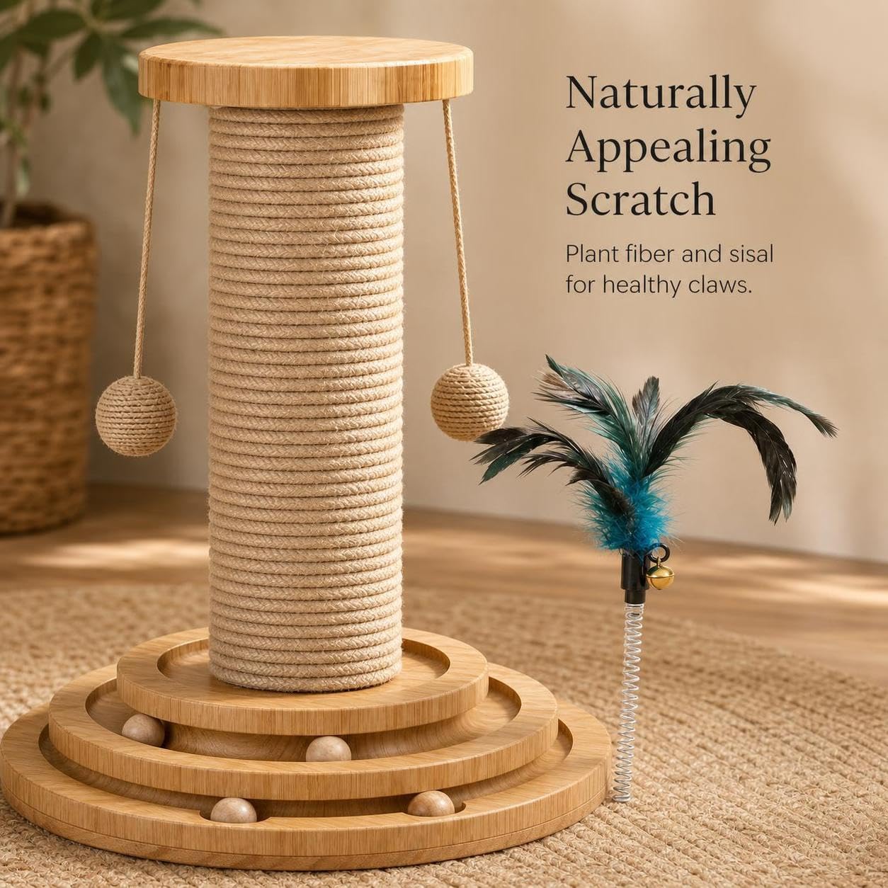Albero per Gatti con Tiragraffi Sisal e Gioco, in Fibra Vegetale e Legno, per la casa, Quattro in uno tiragraffi per gatti