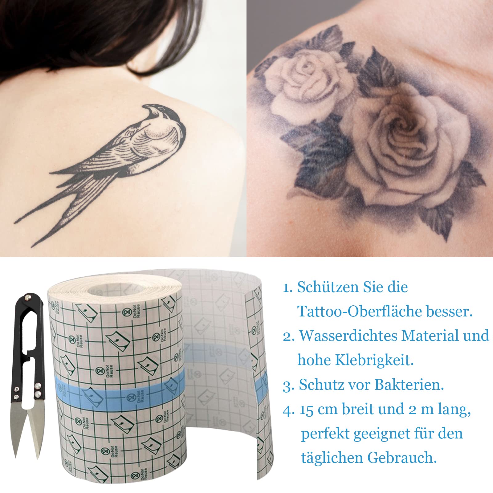 VEGCOO Vendaje para Tatuaje, Vendaje Transparente Impermeable, Second Skin Protection Cinta Adhesiva Protectora para Heridas, Rollo de Película Impermeable 15 cm * 2M