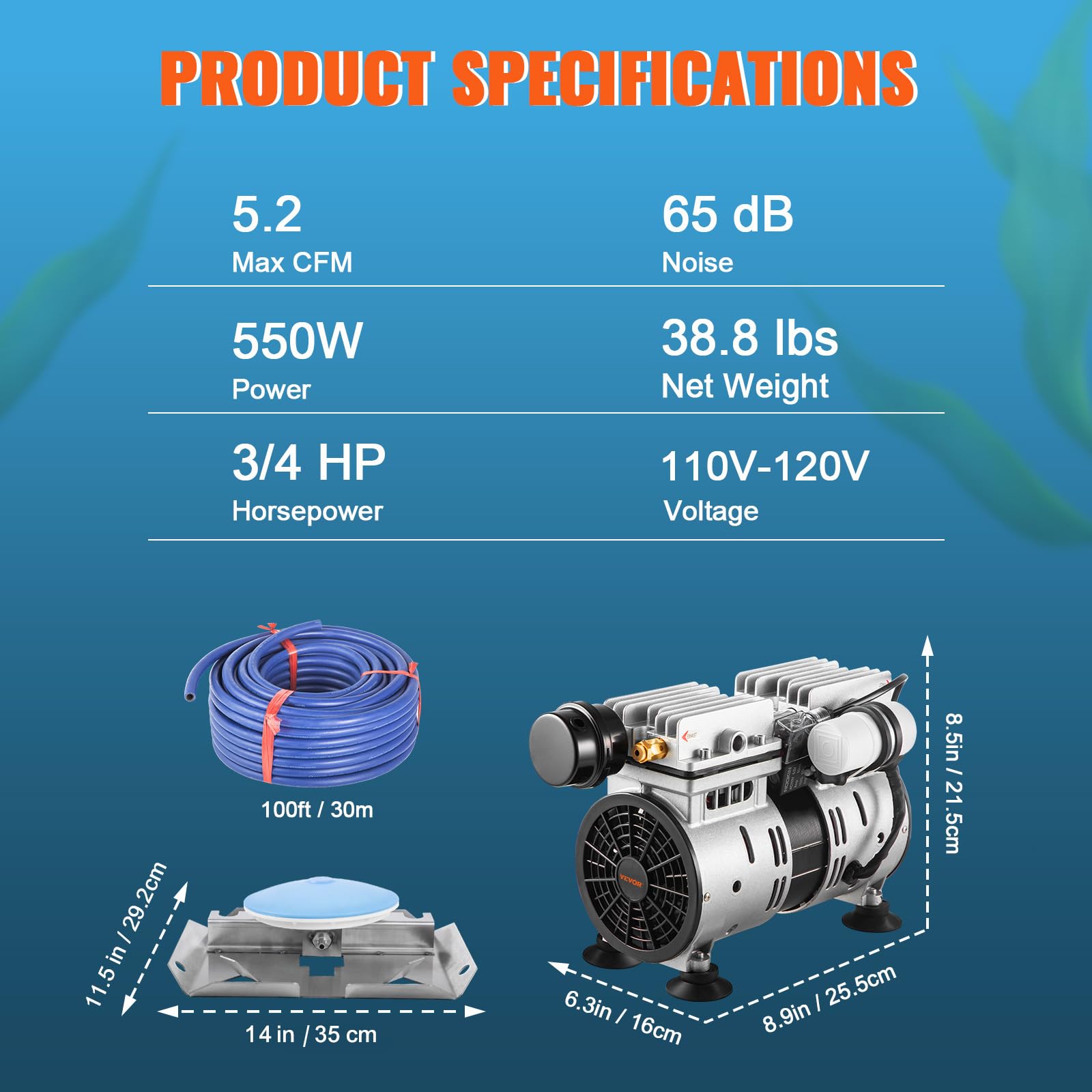 VEVOR Aeratore per laghetto, Kit Sistema di aerazione del Lago 550 W 5,2 CFM per laghetto 1 acro, profondità 50 Piedi con compressore d'Aria, Tubo 100 Piedi, Diffusore da 10" per circolazione