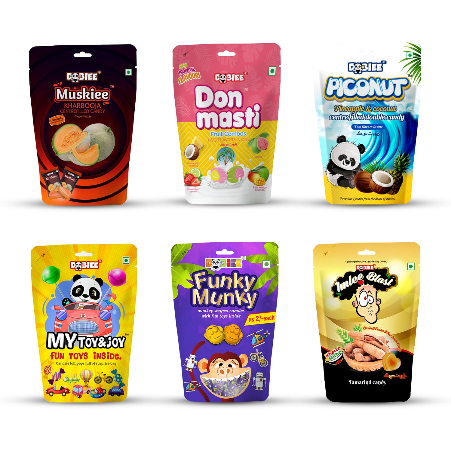 DOBIEE Multi Fruit Flavour Centre Filled Candies Combo of 6 Assorted Pack (Muskiee 50pcs, Don Masti 50pcs, Piconut 50pcs, My Toy & Joy - Mix, Funky Munky 50pcs, Imlee Blast 50pcs)