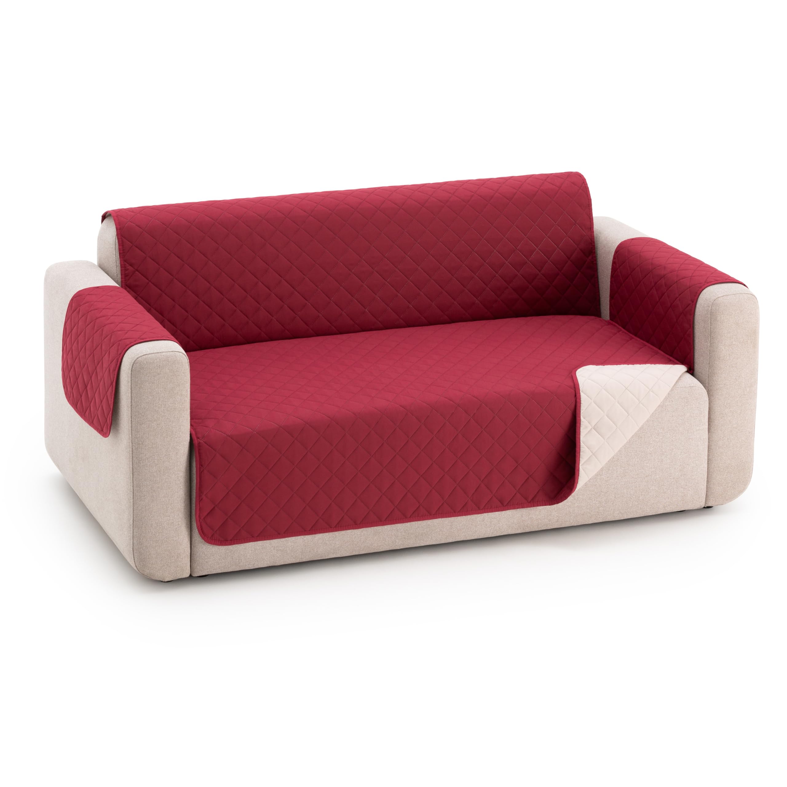 Funda Cubre Sofá Due Acolchada Reversible, 4 Plazas Plus (220 cm), Color Rojo/Beige Protector de Sofá Universal, Tacto Suave y Resistente, Ideal para Mascotas, Fabricada en España OEKO-TEX STANDARD 100