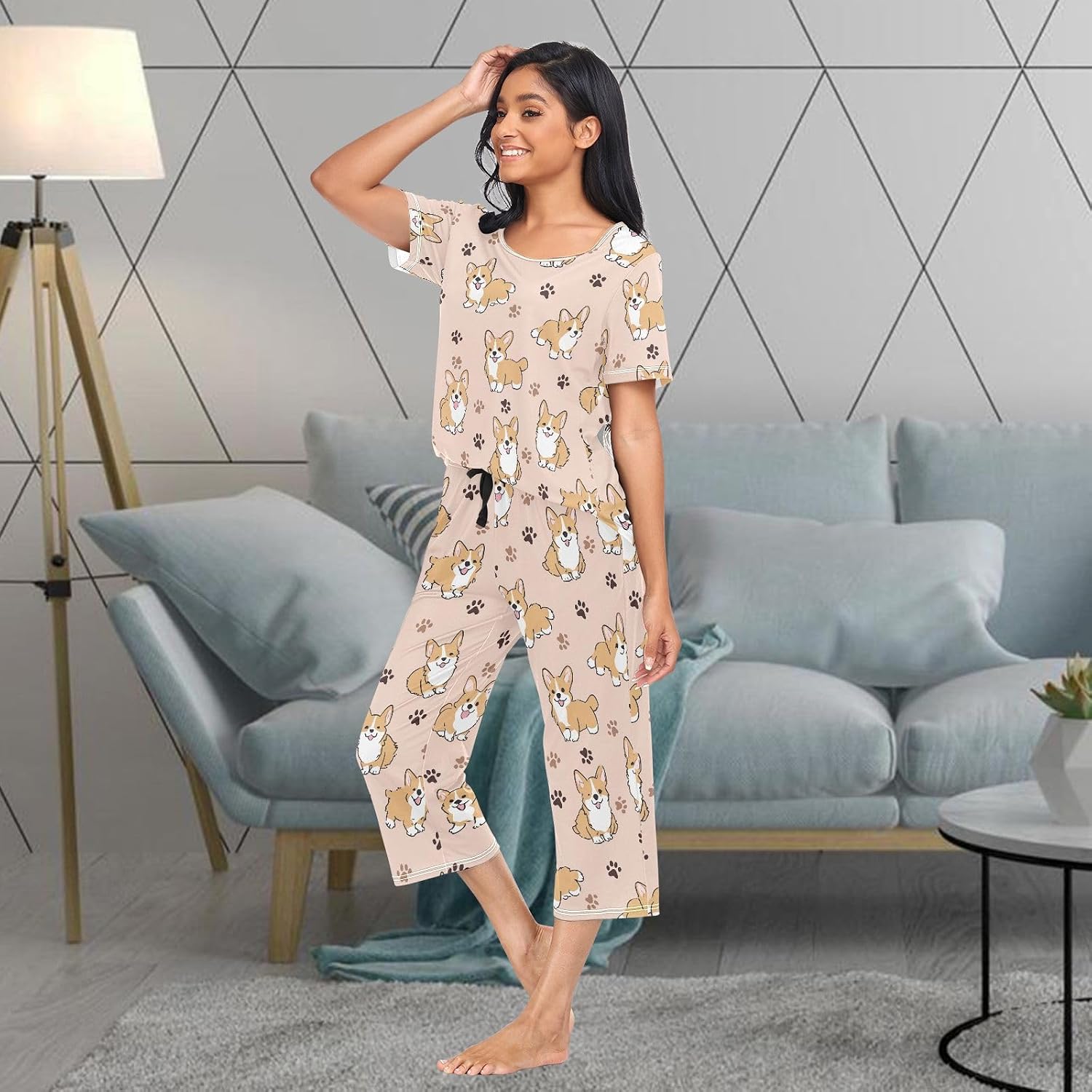 Women's Comfy Chic 2 Pcs Loungewear Set,Casual Sleepwear Short Sleeve Tops & Capri Pants PJs Set with Pockets S-XXL