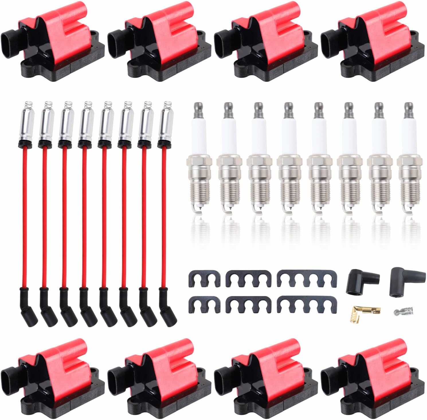 Set of 8 Square Ignition Coil 8 Platinum Spark Plug and Red Wire Set Compatible with Chevrolet Chevy GMC Hummer Avalanche Savana 1500 2500 3500 Sierra UF271 (UF271 red+748UU+41-962)