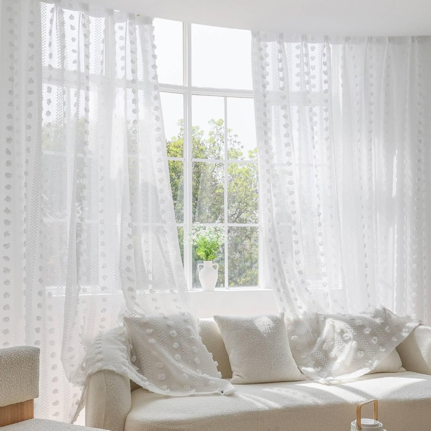 Daesar Sheer Curtains 2 Panels Set 96 Inch Length, Eyelet Transparent Curtains Solid Color 3D Striped Velvet Balls Window Voile Drapes Treatment for Bedroom Living Room, 40x96 Inch White