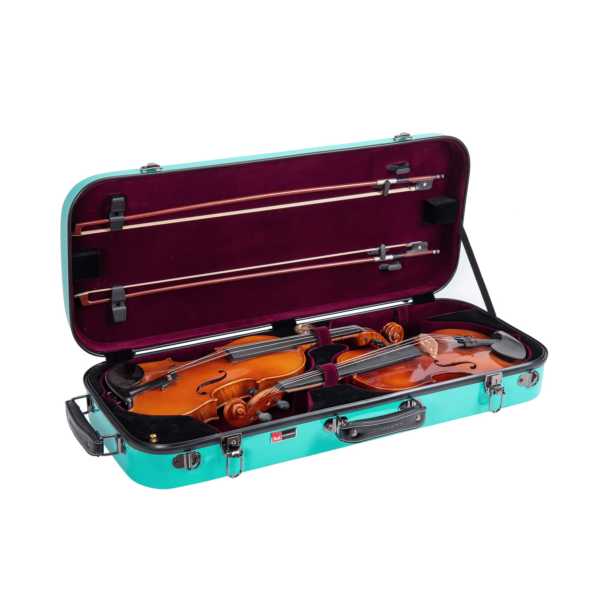 Crossrock Fiberglass Double Case fits Two 4/4 Full-Size Violins-Includes TSA Lock, Protective Blanket, Hygrometer, Removable Shoulder Straps-Mint Blue (CRF2020DVMB)