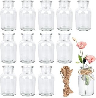 VMUTGA Pack of 12 Mini Vases, 125 ml Small Glass Vases with 8 m Jute Cord, Transparent Glass Vase Vases Decoration for Table Decoration, Wedding Decoration, Birthday Decoration, Garden Party