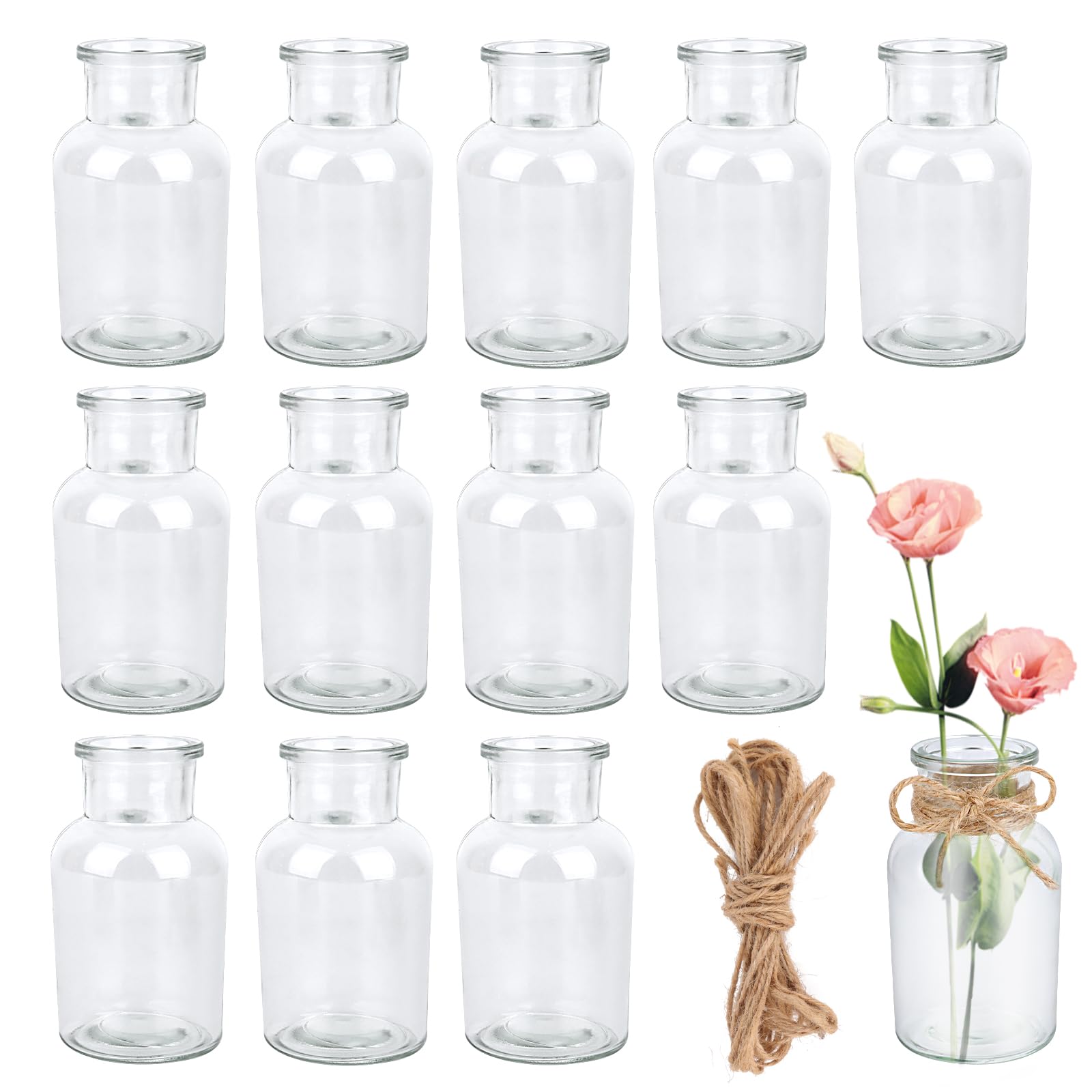 VMUTGA Florero Pequeño 12 Piezas, Florero de Cristal Transparente con Cuerda de Arpillera 8M, Mini Jarrones para Decoración de Mesa, Decoración de Bodas, Decoración de Cumpleaños, Decoración de Jardín