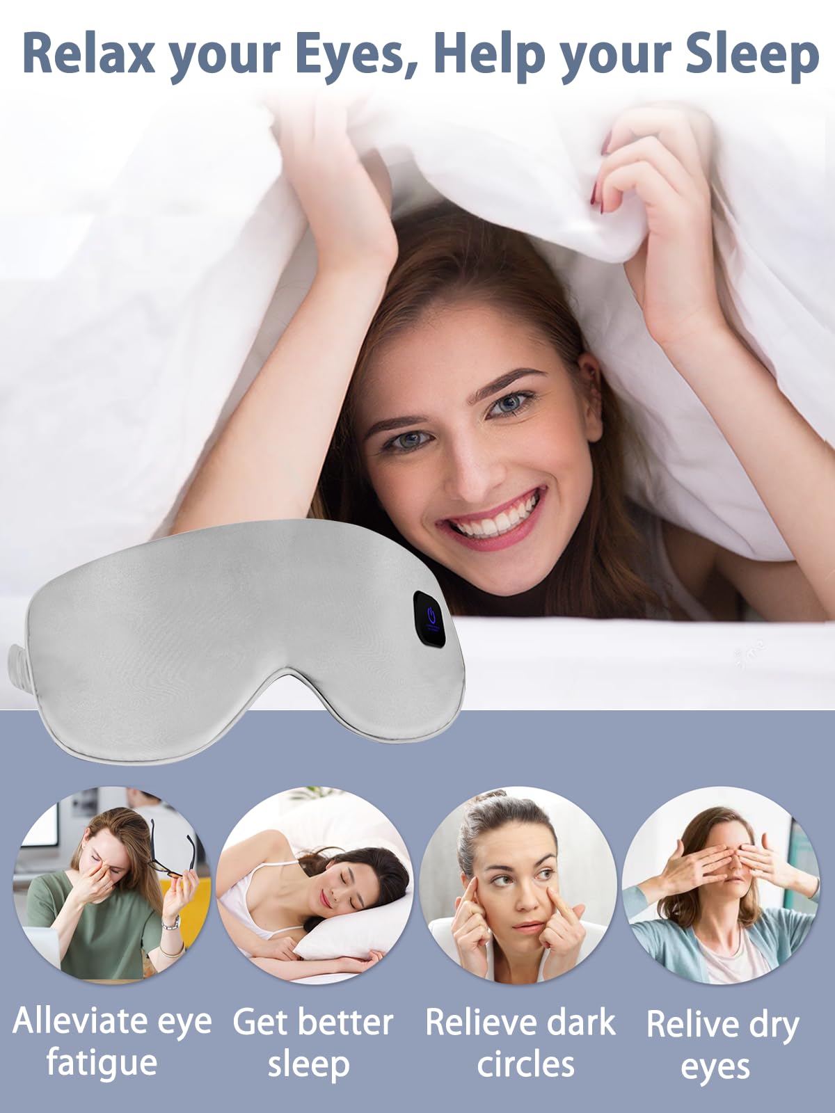 Mascherina per occhi riscaldata in vera seta, senza fili, ricaricabile, per occhi asciutti, cuscinetto riscaldante per gli occhi, senza pressione, regalo per uomini e donne