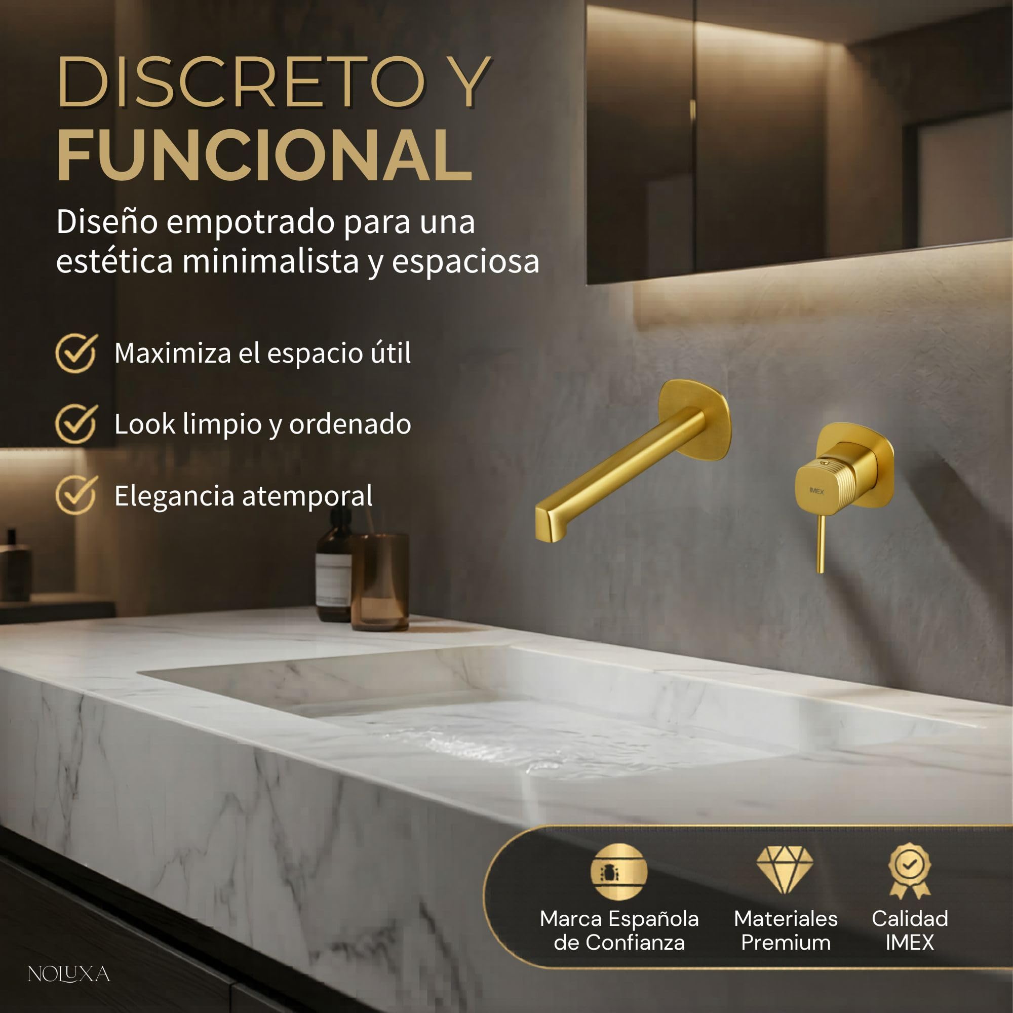 IMEX - Grifo Lavabo Empotrado Oro Cepillado | Grifo de Lavabo Monomando Pared Dorado | Mezclador Agua Fría y Caliente | Grifería en Latón con Cartucho Cerámico Ø35mm | Serie Firenze