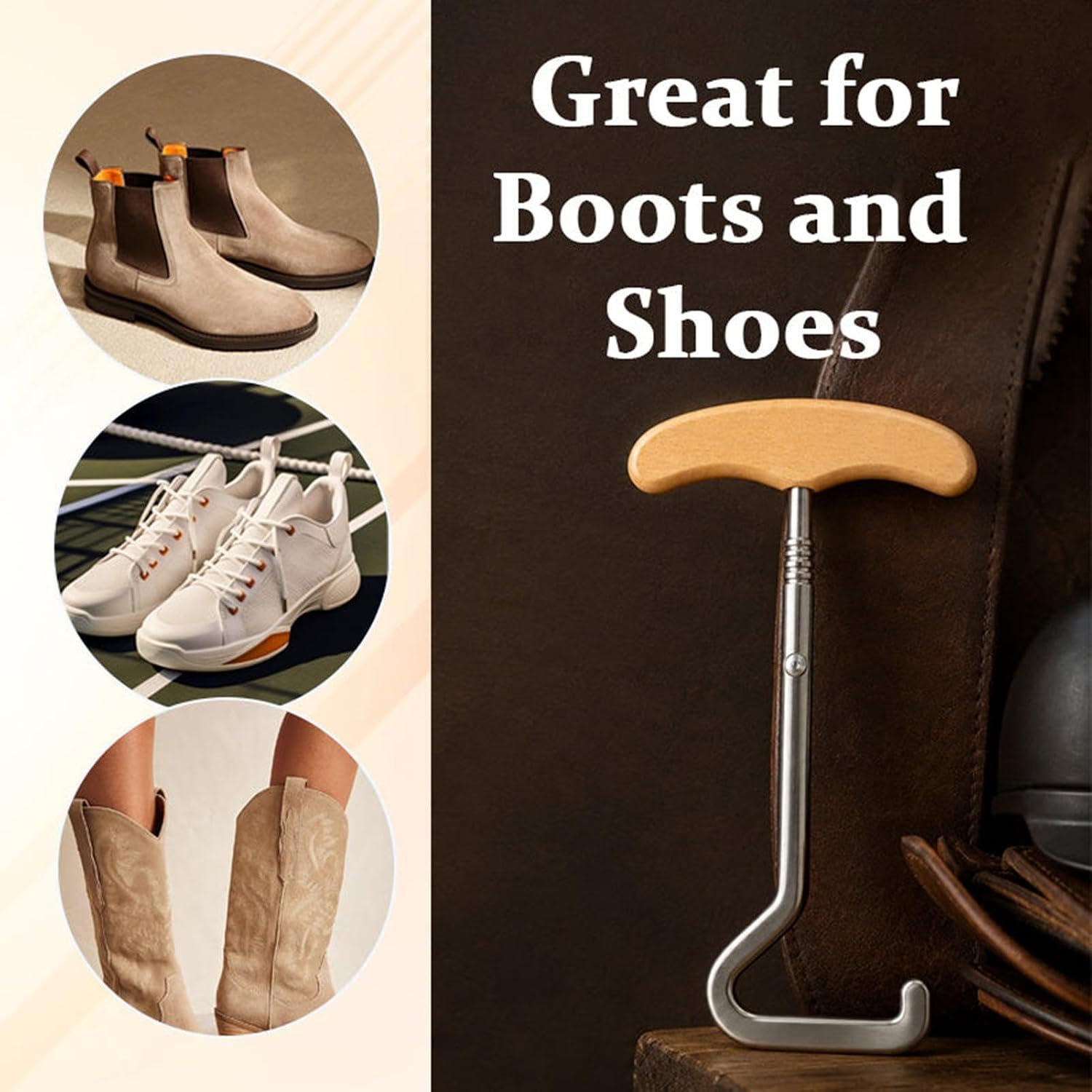 Shoe Horn Hook - Wooden Handle Easy Grip, Ergonomic Shoe Puller Tool Use
