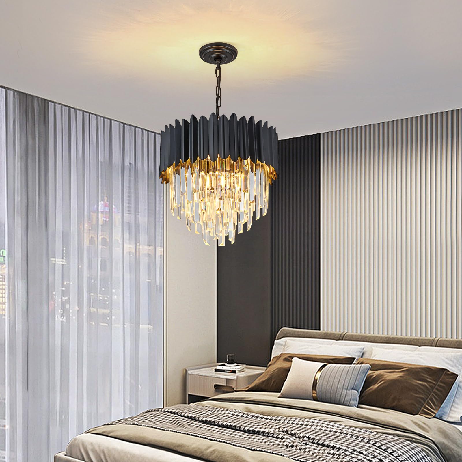 Moderne Luxus Kristall Pendelleuchte, schwarzer Kristall Kronleuchter, 3-Tier Raindrop Kronleuchter Leuchte Flush Mount Deckenleuchte für Esszimmer, Φ40cm