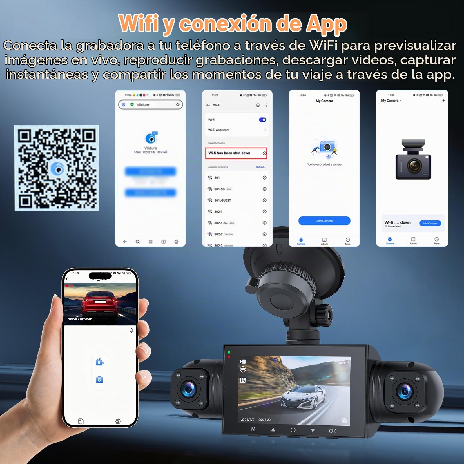 Hikity Cámara de salpicadero para Todos los vehículos 4 cámaras Pantalla IPS de 3" Visión Nocturna 1080P Cámara de grabación Grabación en Bucle con Sensor G Videograbador con Tarjeta TF