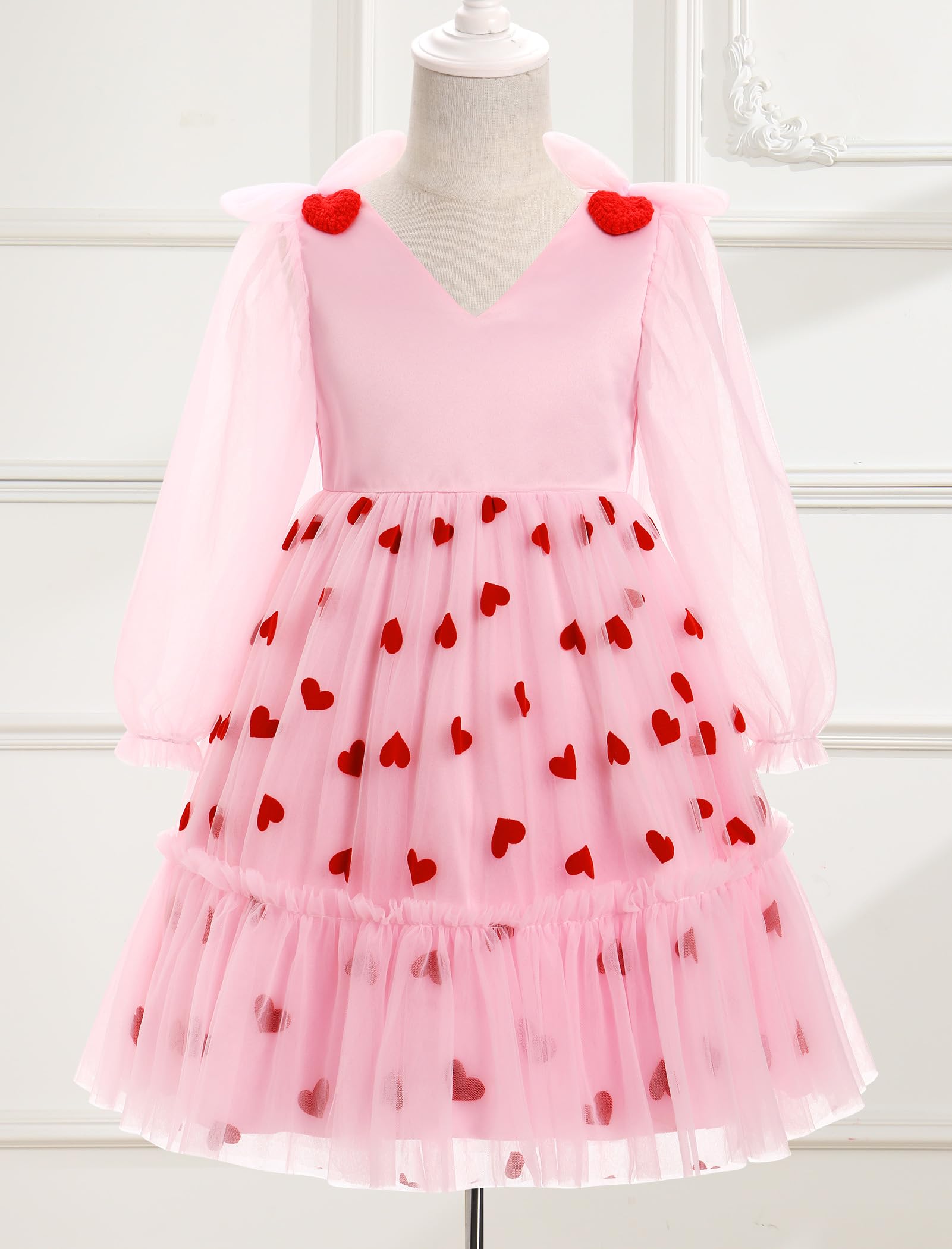 OBEEII Mädchenkleid aus Netzstoff, langärmelig, Erdbeere, Herzen, Kirsche, Tüll, Blumenmädchen, Hochzeit, Festzug, Geburtstag, Partykleid