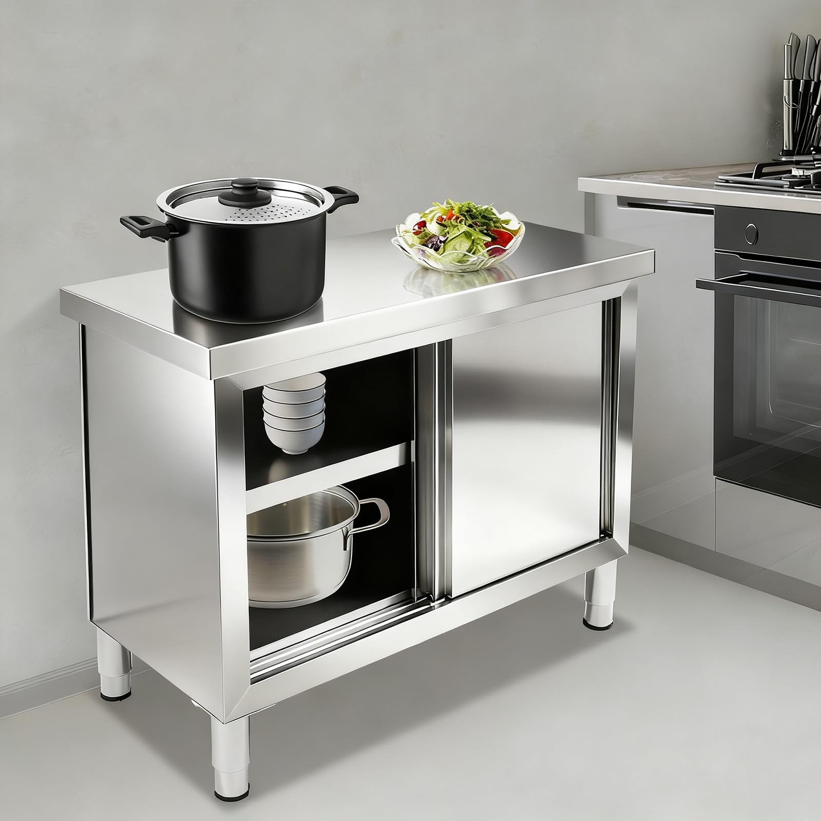 Banco da Lavoro in Acciaio Inox con Porta Scorrevole, Banco da Lavoro in Acciaio Inox con 3 Livelli, Ampio Piano di Lavoro e Cassetto di Stoccaggio per Cucine Professionali, Ristorazione