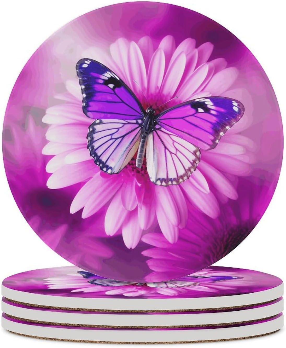 Purple Butterfly and Flower Coasters Round Coasters Set Ceramic Stone Coaster with Cork Base Coffee Cup Beverage Cup Mat Cute Funny Table Drinks Coaster for Mugs and Cups Office Kitchen