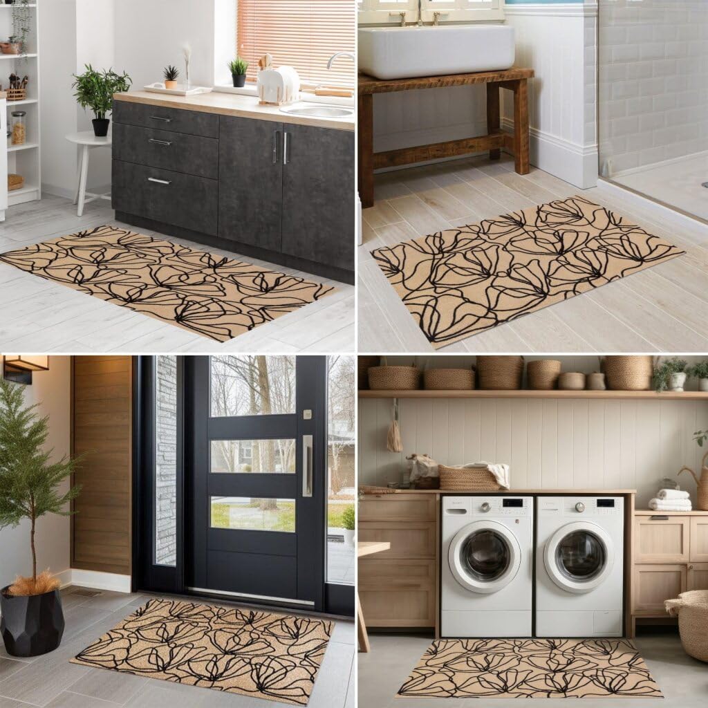 Wash + Dry Poppies Black One-Piece Washable Rug with Rubber Backing, Large Door Mat for Entryway, Kitchen, Bathroom, Non-Slip Indoor Doormat, Washable Floor Mat, Tan and Black, 27.5" x 47"