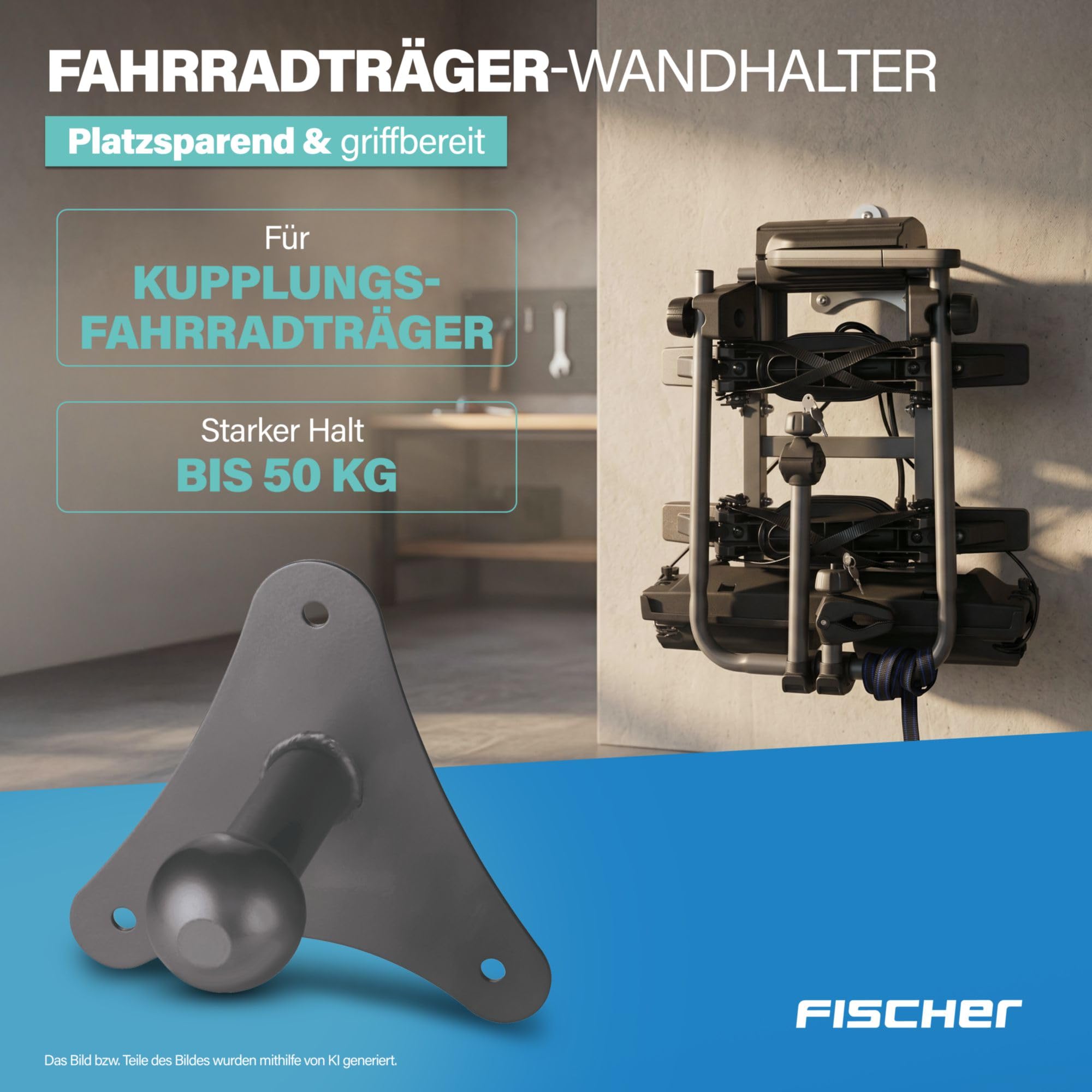 Fischer Wandhalterung für Kupplungsfahrradträger, Fahrrad-Auto-Zubehör, 50kg belastbar