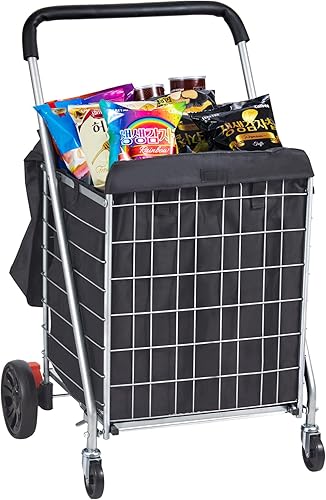VEVOR Carrito de compras plegable, capacidad de carga estática de 200 libras, carrito de comestibles con ruedas giratorias y bolsa, cesta de