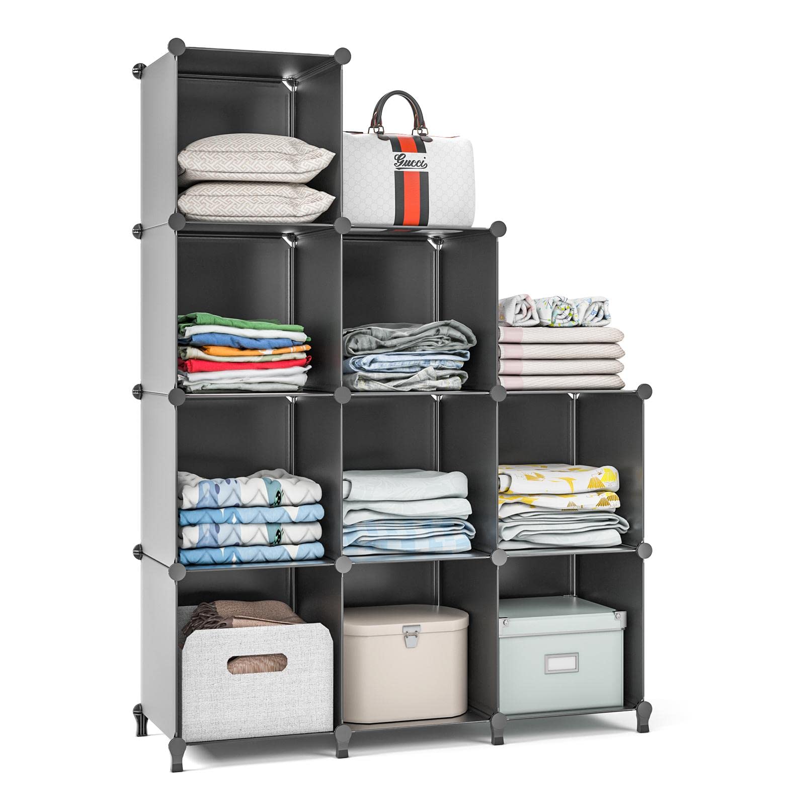 Wolizom Cube Storage Organizer, 9-Cube Black Closet Storage Shelves, Modular Units, Closet Cabinet, Portable DIY Plastic Book Shelf Shelving for Bedroom, Office, Living Room