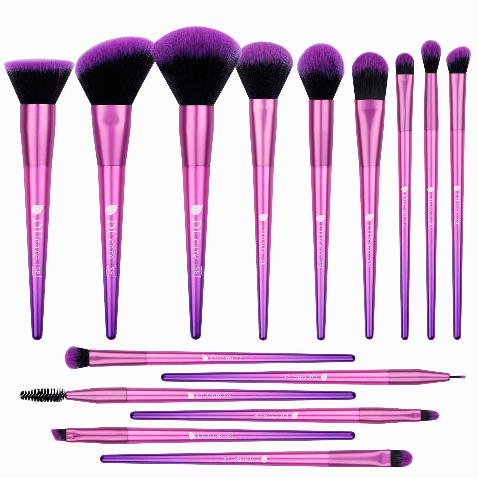 DUcareMakeup Brushes Professional Synthetic Foundation Powder Concealers Contour Eye Shadows Blending Face Brow Lip Blush Make Up Brushes Set (15pcs, Ombré Purple)