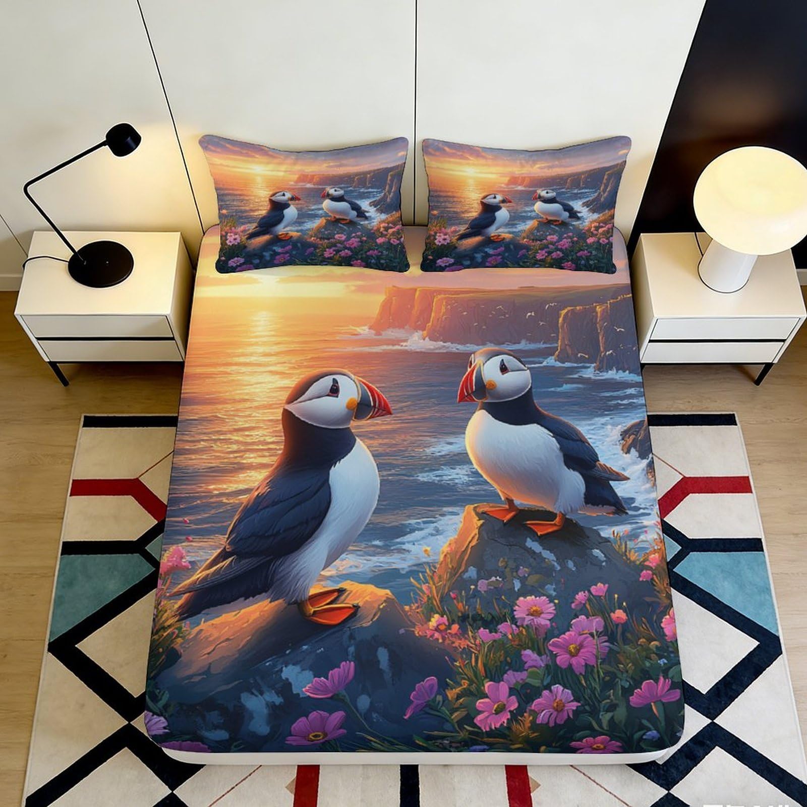 Uxinyoume Style-2 3D Printed Puffin Sunset Fitted Sheet Microfiber Soft Non-Slip Floral Cliff Mattress Cover Bedroom Décor 90X200x25cm