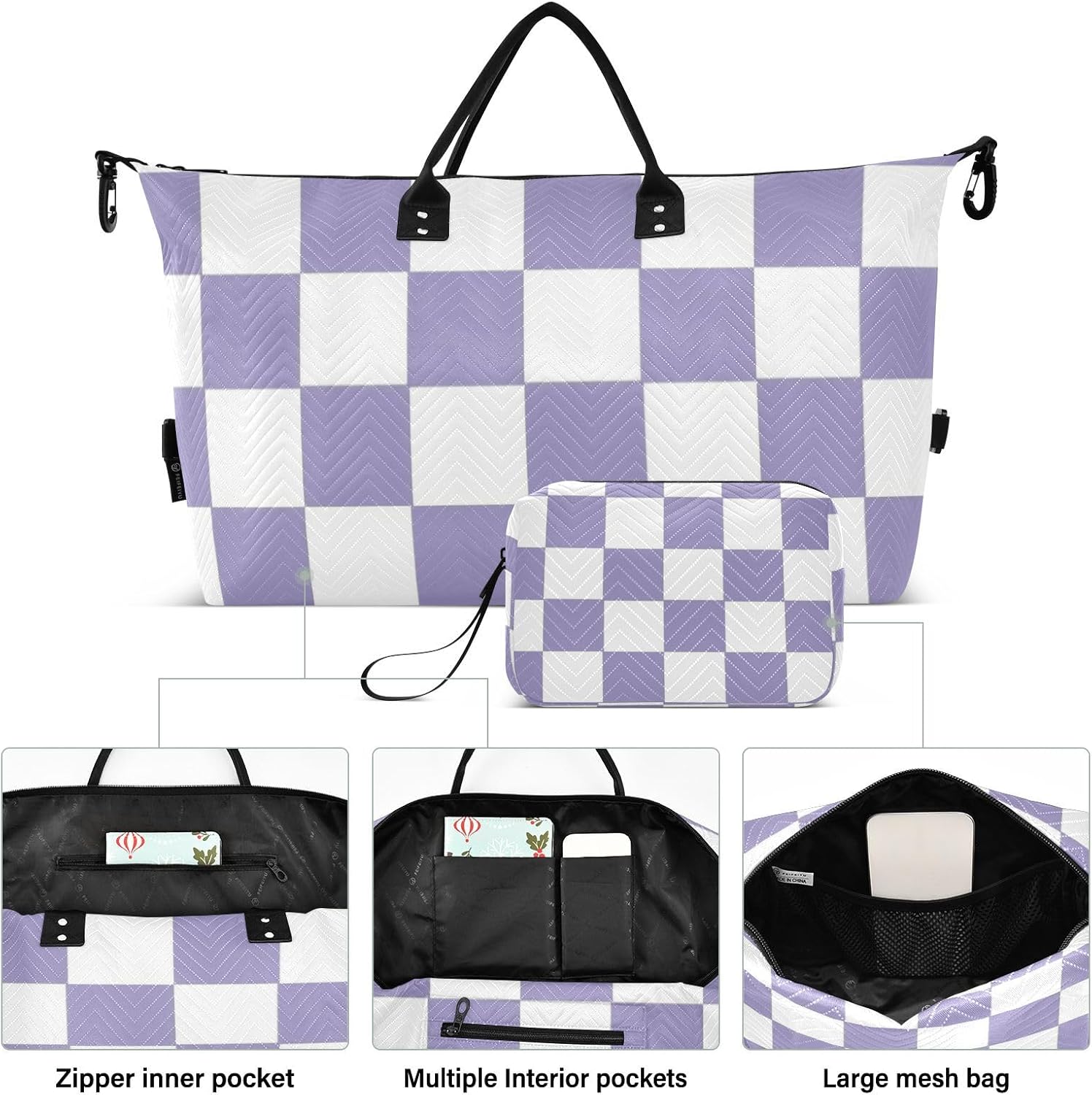 Purple and White American Plaid Decorative Large Carry On Airport Bag Sports Tote Gym Bag with Toiletry Bag for Yoga Multifunctional Bolsa para viajar