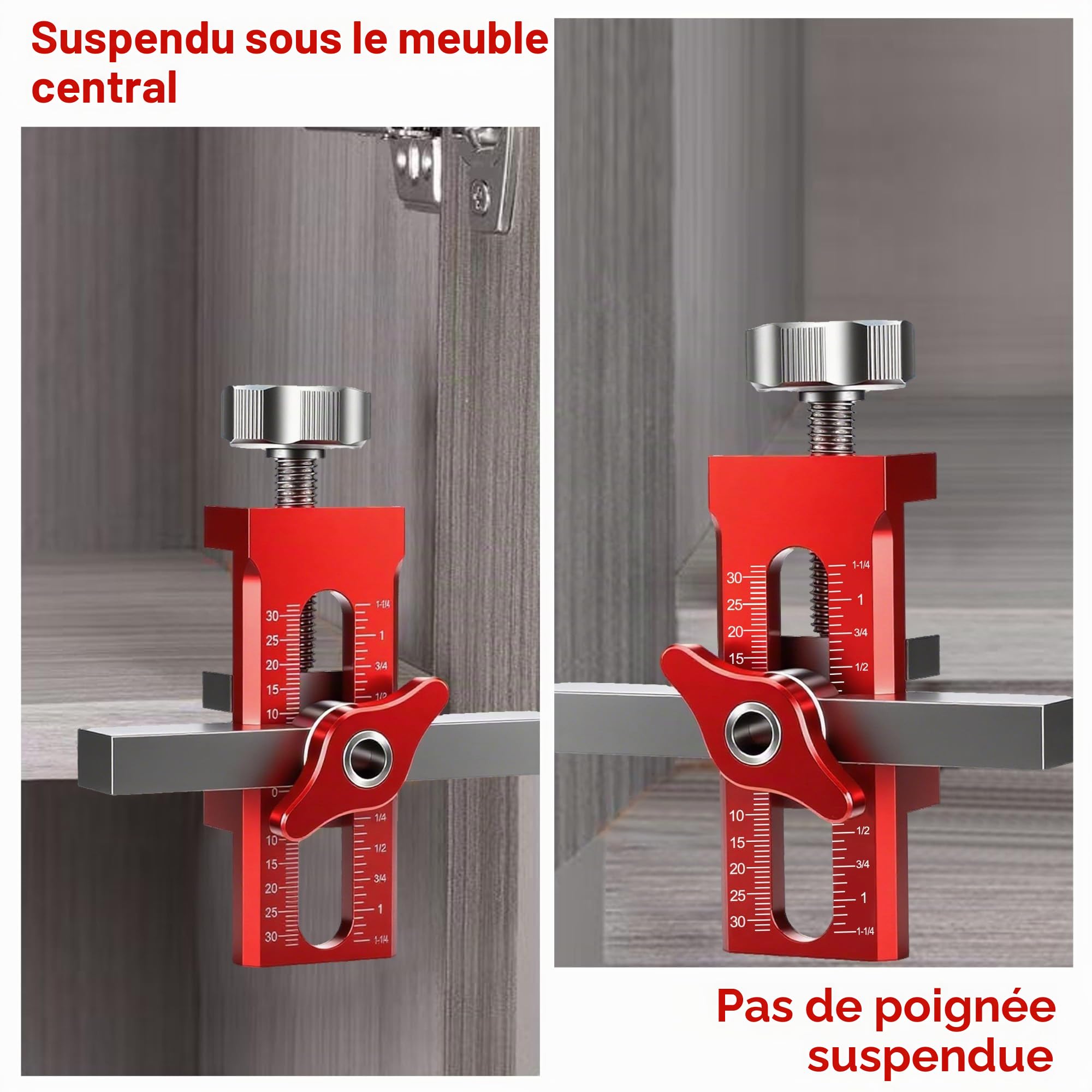 Outil de positionnement de porte d'armoire réglable : robuste et facile à utiliser Positionneur d'installation de porte d'armoire pour le travail du bois l'installation de portes d'armoires (rouge)