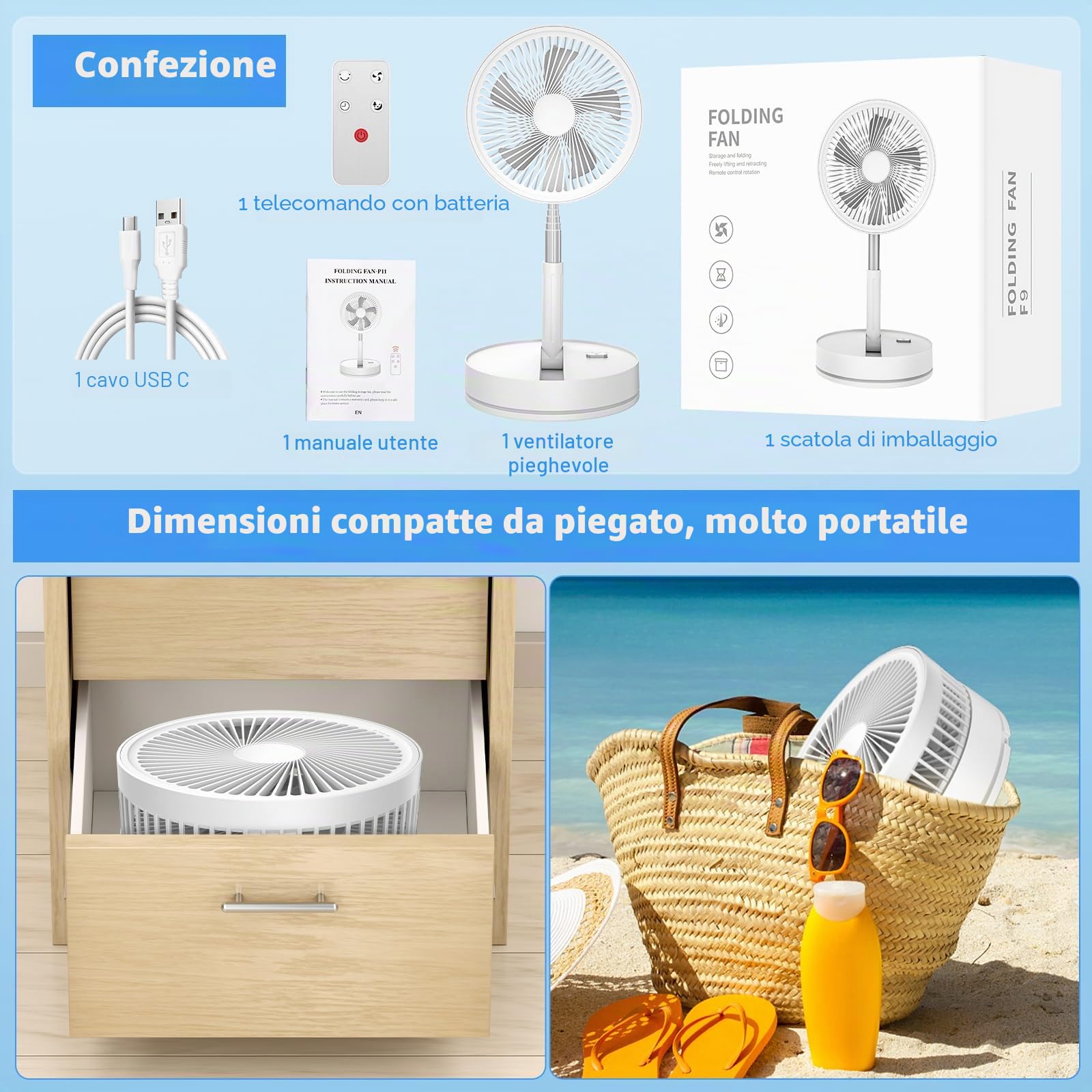 LBSTP Ventilatore Portatile Ricaricabile 8000mAh – Silenziosissimo, Pieghevole, Oscillante e Inclinabile, 4 Velocità con Telecomando, USB Ricaricabile, 8.6 Pollici, Bianco – per Campeggio Viaggi