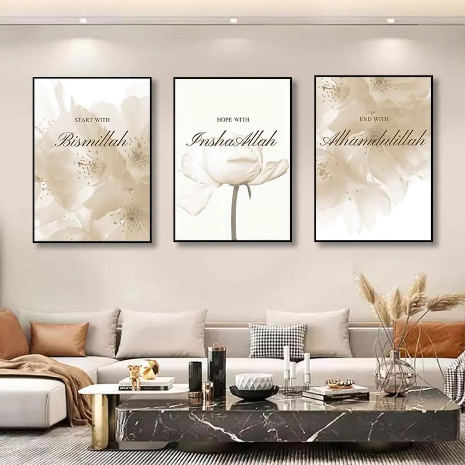 Baibexing Bismillah Islamic Canvas Print Flower Muslim Quotes Poster Arabic Calligraphy Painting Wall Art Pictures Living Room Home Decor 50X70Cmx3Pcs Unframed