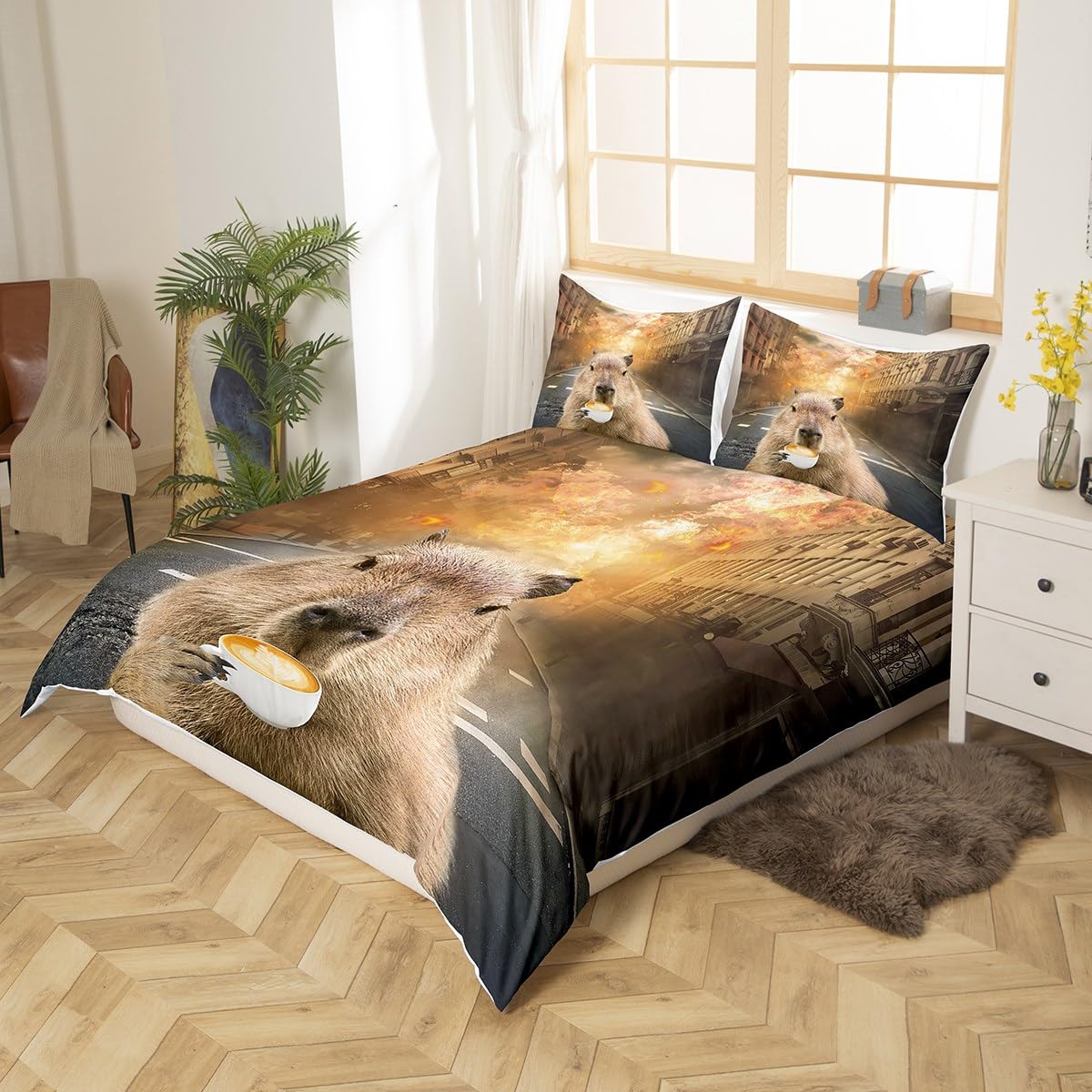 Homewish Capybara Bedding Set Funny Animal with Coffee Duvet Cover for Toddlers Kids Boys Girls Bedroom Cute Rodent Capybara Comforter Cover Lightweight Soft Microfiber Quilt Cover - Image 3