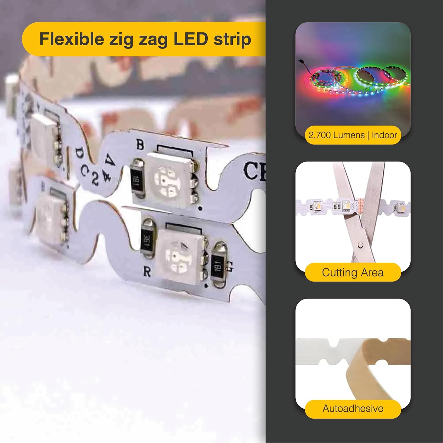 LED Lighting 12V 16.4ft UL 5050 SMD Zig-Zag LED Strip Lights Dimmable 660lm/m 6.2W/m 300 LEDs 60 LEDs/m IP33 Non-Waterproof. S Shape Angle Turning Capable (RGB)